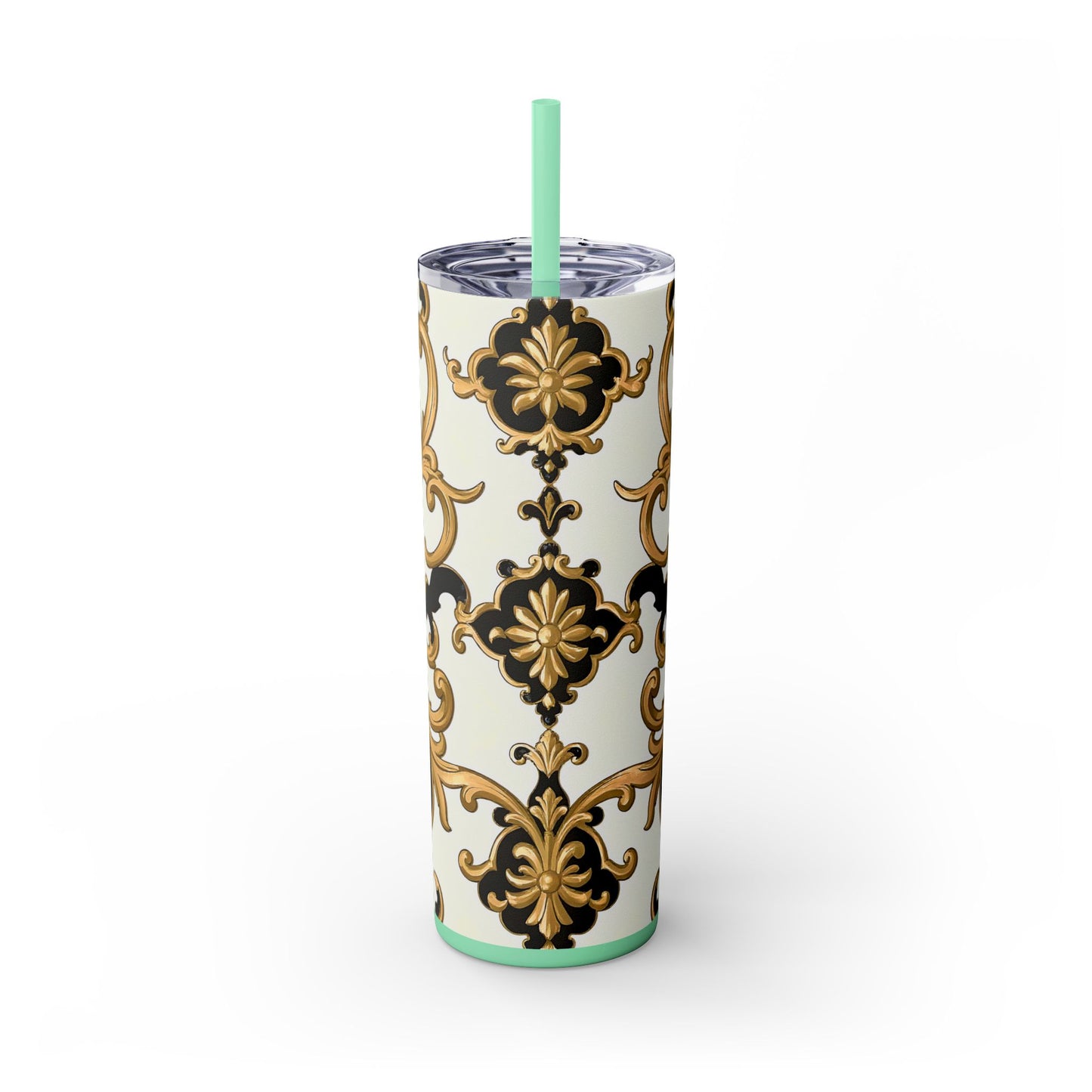 Elegant Gold Floral Skinny Tumbler, 20oz | Insulated Cup for Hot & Cold Drinks, Travel Mug, Gift for Mom, Stylish Drinkware - Black & Gold Rococo