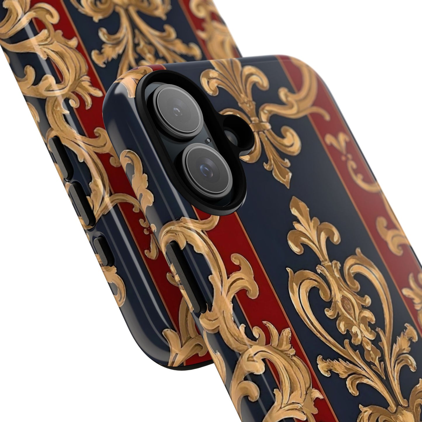 Elegant Floral Motif Phone Case - Tough Cases with Vintage Design - Midnight Blue & Dusk Red Striped Gold Damask