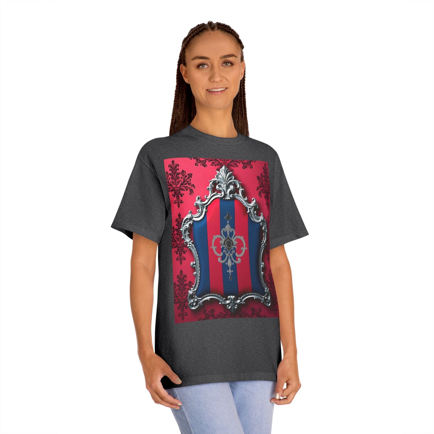 Vintage Couture Shield Unisex Classic Tee, Fashion T-Shirt, Gift for Fashion Lovers, Casual Wear, Unique Graphic Shirt - Blue & Red Striped Silver Crest