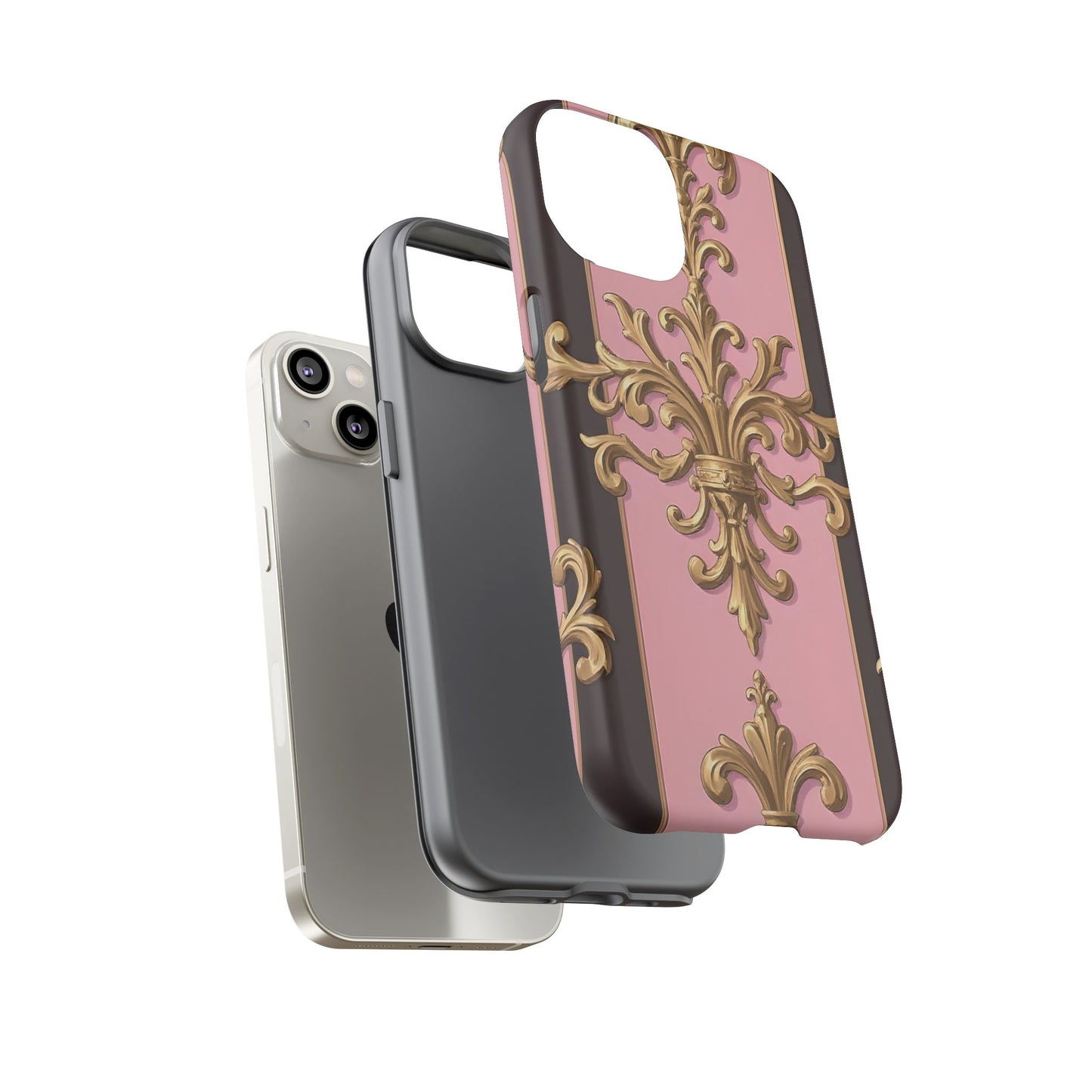 Elegant Floral Motif Phone Case - Tough Cases with Vintage Design - Pink & Brown Striped Gold Damask