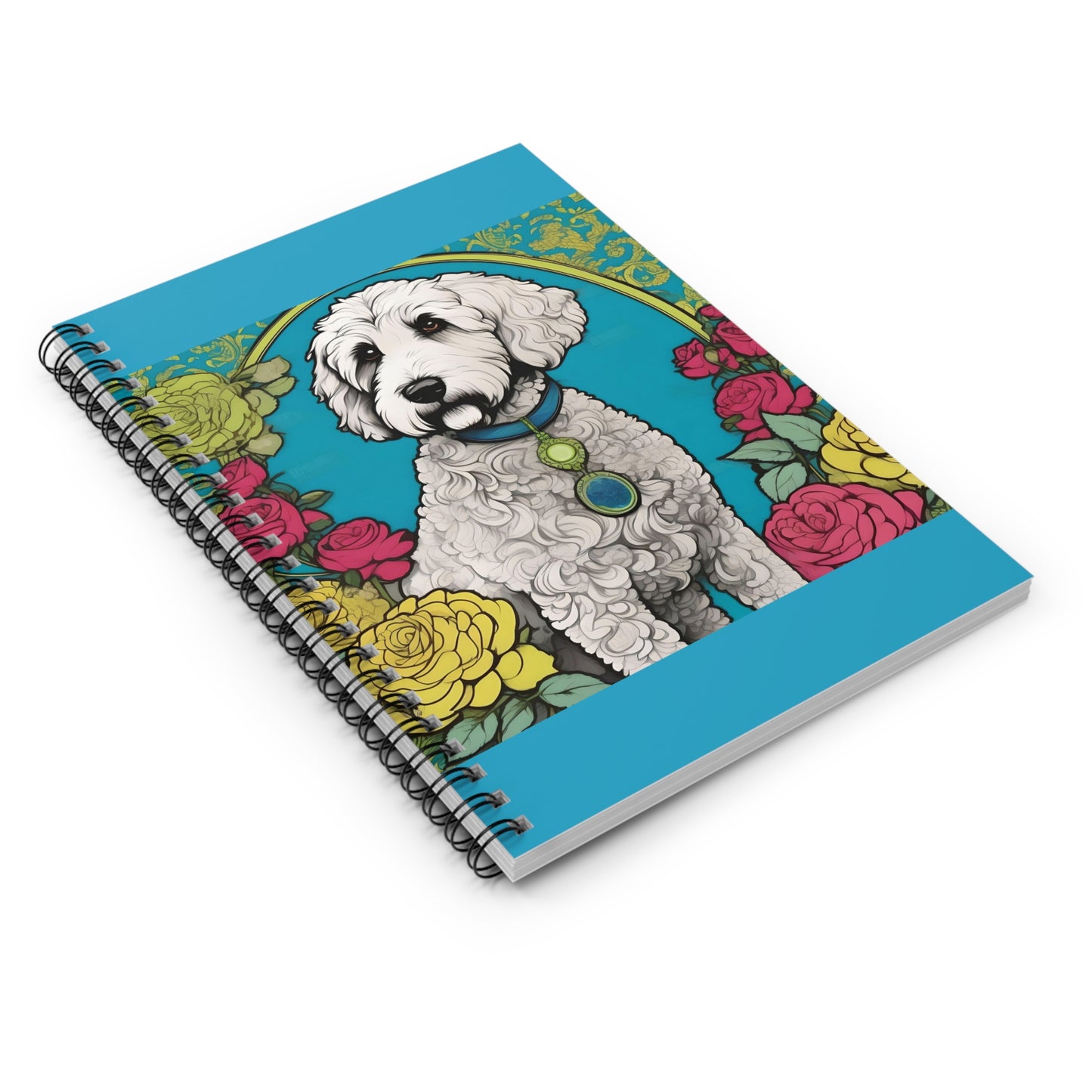 Elegant Vintage Spiral Notebook - Ruled Line with Golden Doodle In Turquoise & Roses