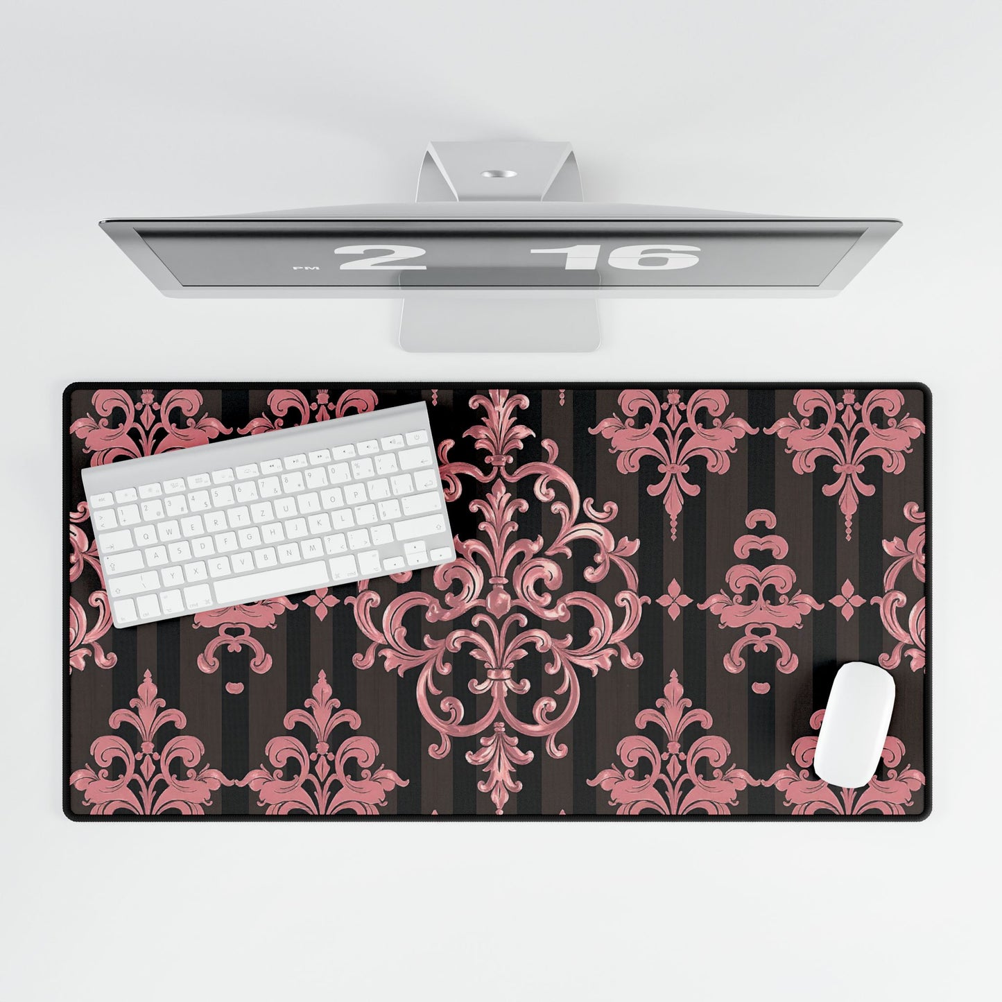 Elegant Floral Motif Desk Mat for Home Office Decor - Brown Striped Mauve Damask