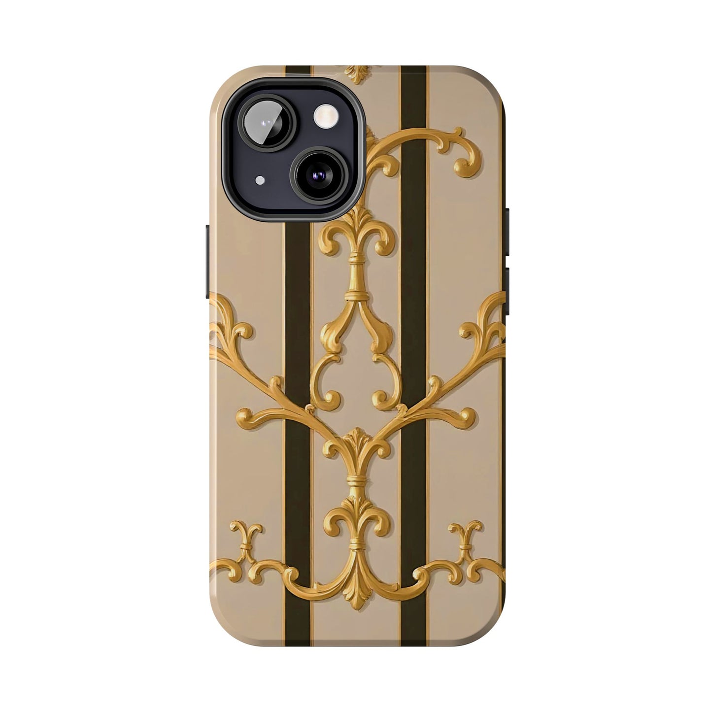 Elegant Vintage Tough Phone Case, Stylish Phone Cover, Boho Accessories, Perfect Gift for Her - Beige Striped Gold Rococo
