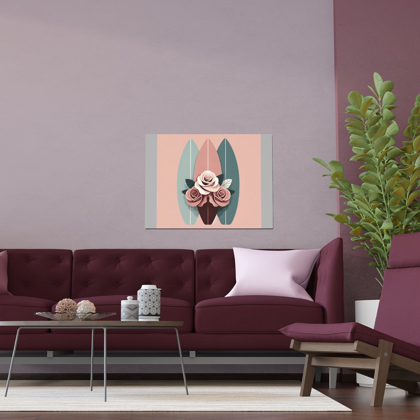Elegant Floral Silk Poster - Indoor/Outdoor Wall Art for Home Decor - Burgundy, Matte Mauve & Teal Surfboard & Roses