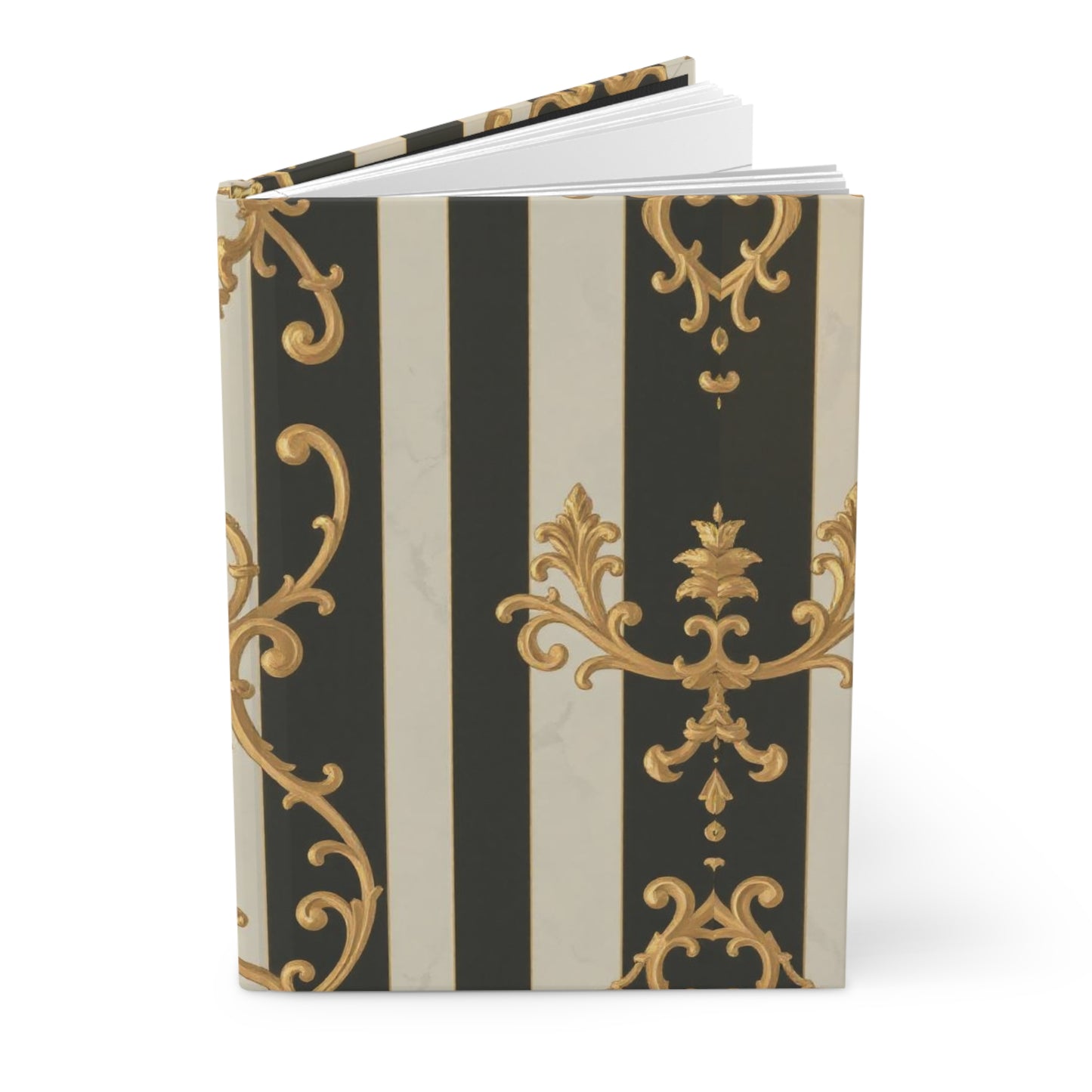 Elegant Black & Alabaster Striped Baroque Hardcover Journal, Vintage Floral Notebook, Stylish Writing Diary, Gifts for Writers, Luxury Stationery