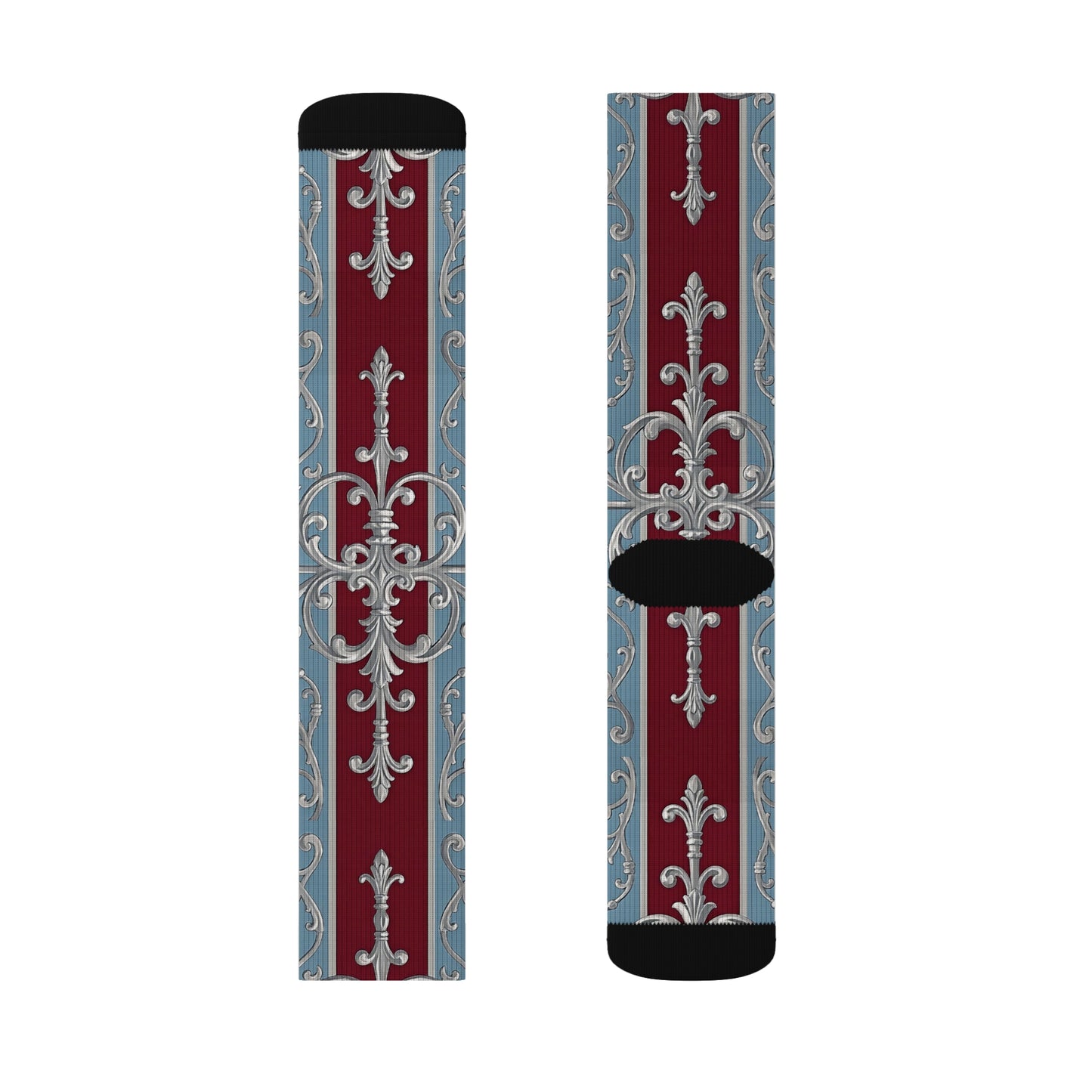 Elegant Sublimation Socks - Vintage Floral Design for Luxe Style - Ice Blue & Burgundy Striped Baroque