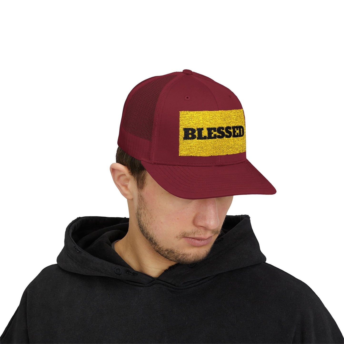 Blessed In Gold Snapback Trucker Cap for Everyday Inspiration, Faith-Based Accessory, Adjustable Hat, Gift for Friends, Motivational Cap