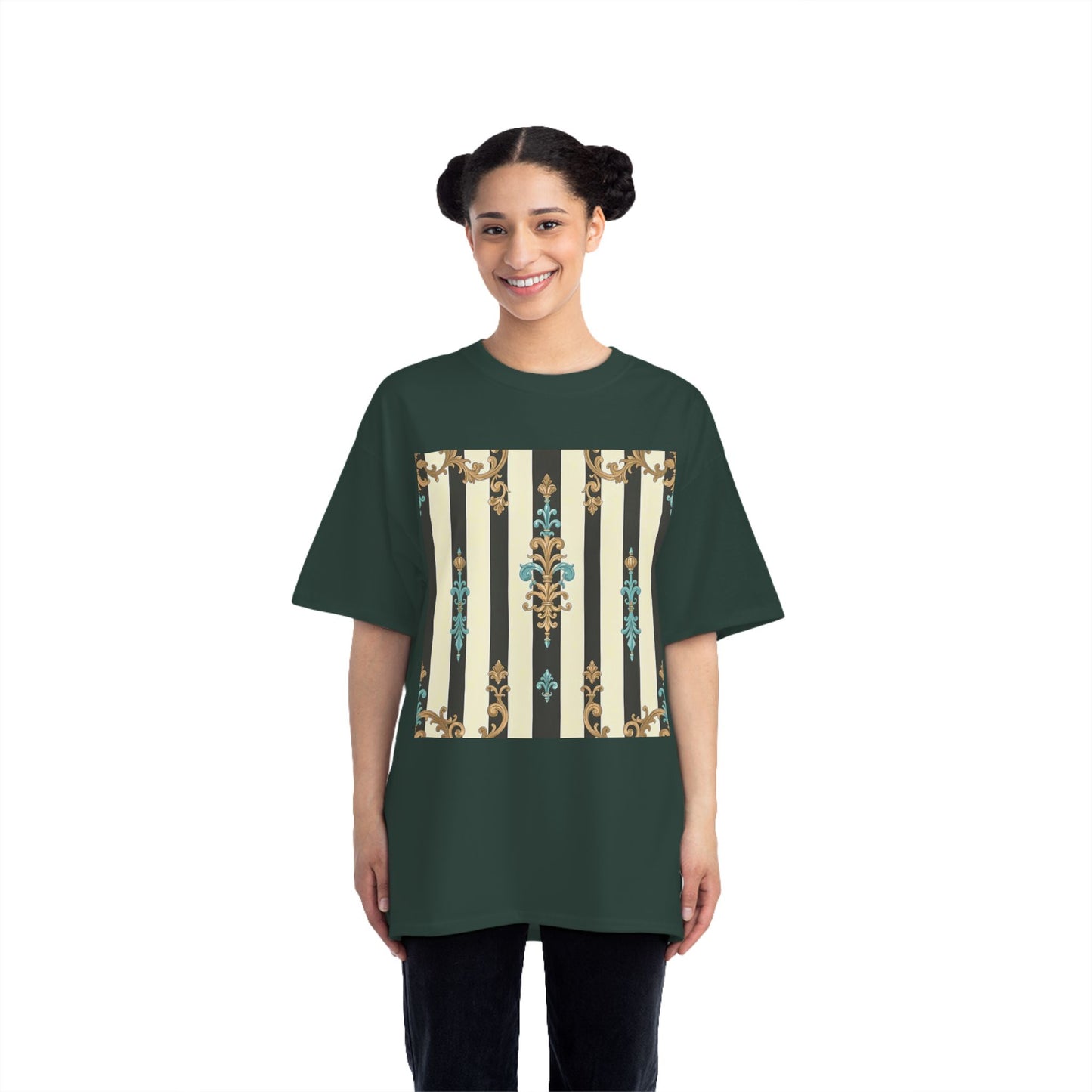 Elegant Floral Pattern Tee, Vintage Style T-Shirt, Gift for Her, Casual Outfit - Black Striped Turquoise & Black Rococo