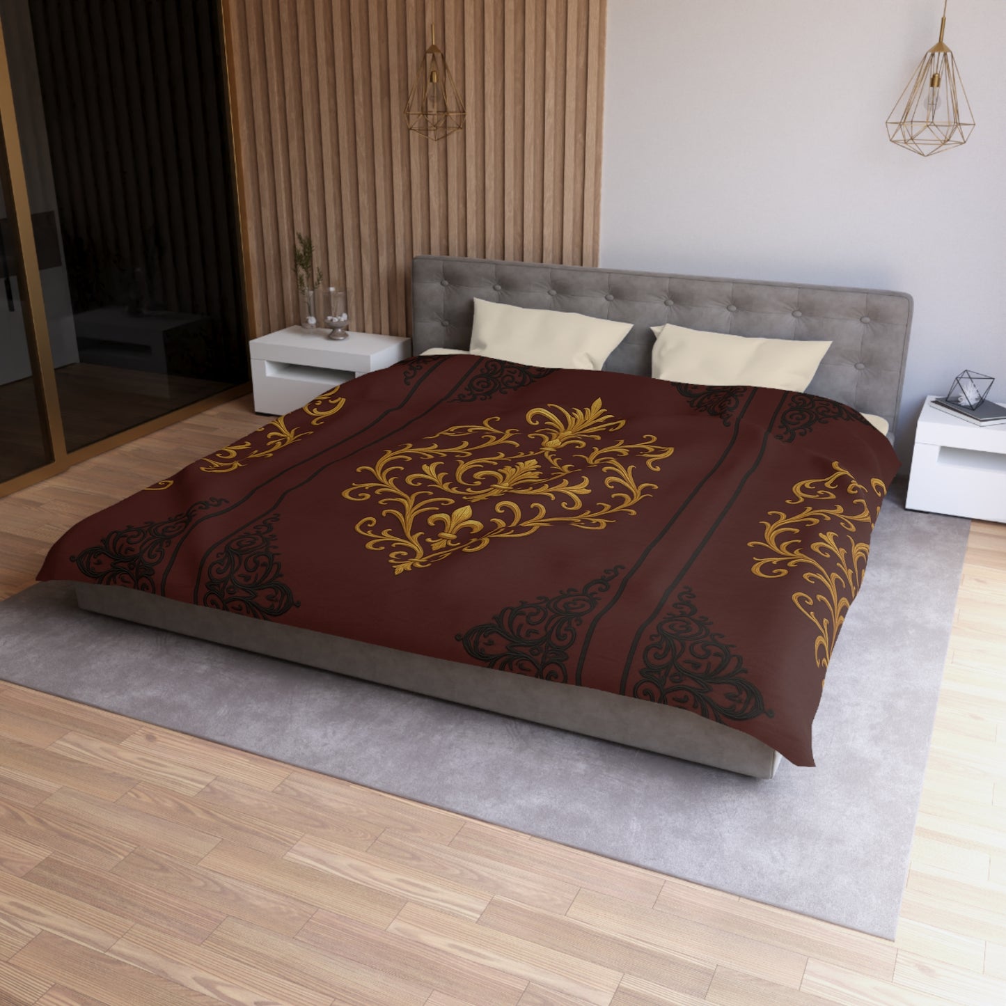 Dusk Burgundy-Black & Gold Baroque Duvet Cover - Regal Gold Baroque on Burgundy Microfiber