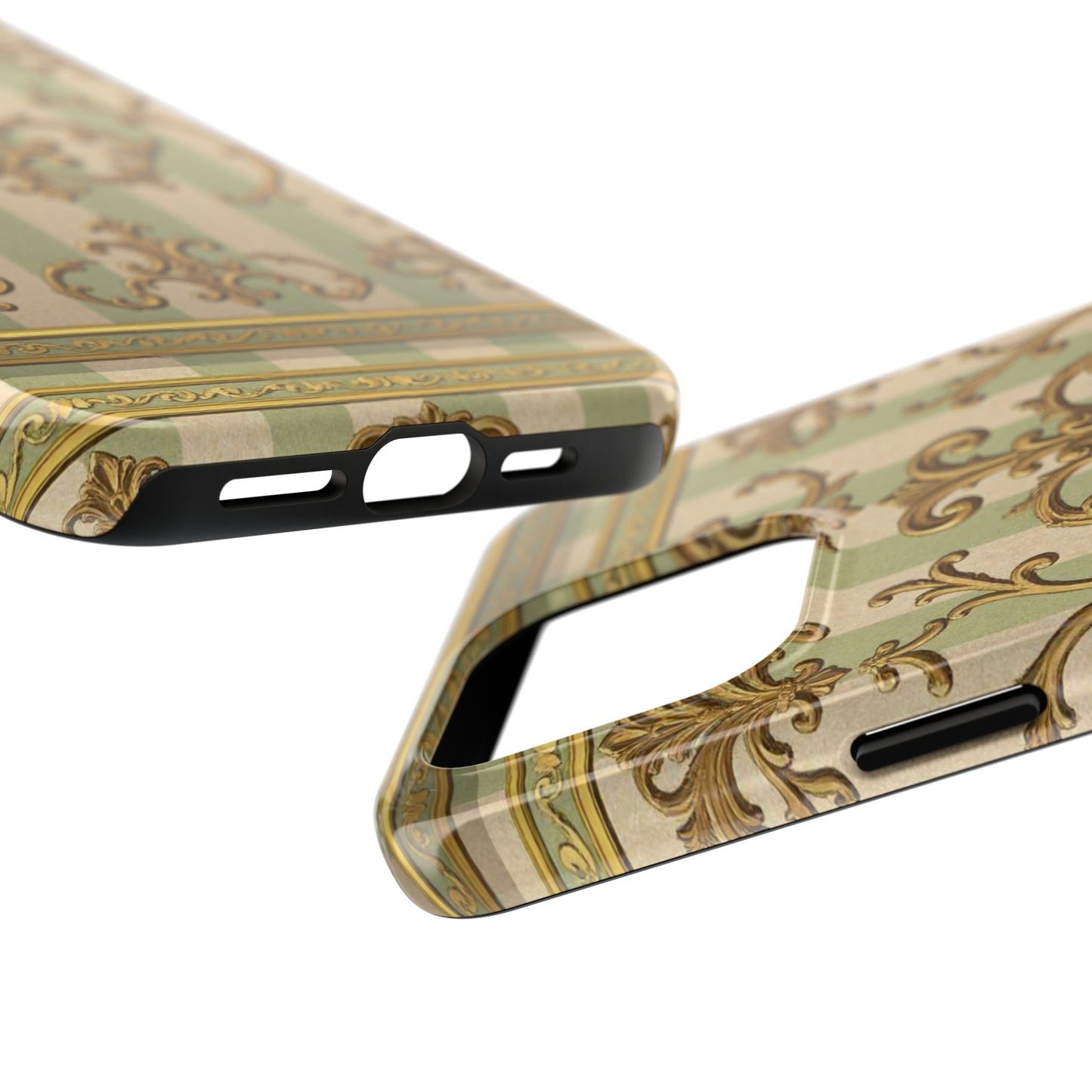 Vintage Elegance Phone Case, Tough Phone Cases for Style, Gift for Birthdays, Stylish Protection - Mint Green & Beige Striped Gold Baroque