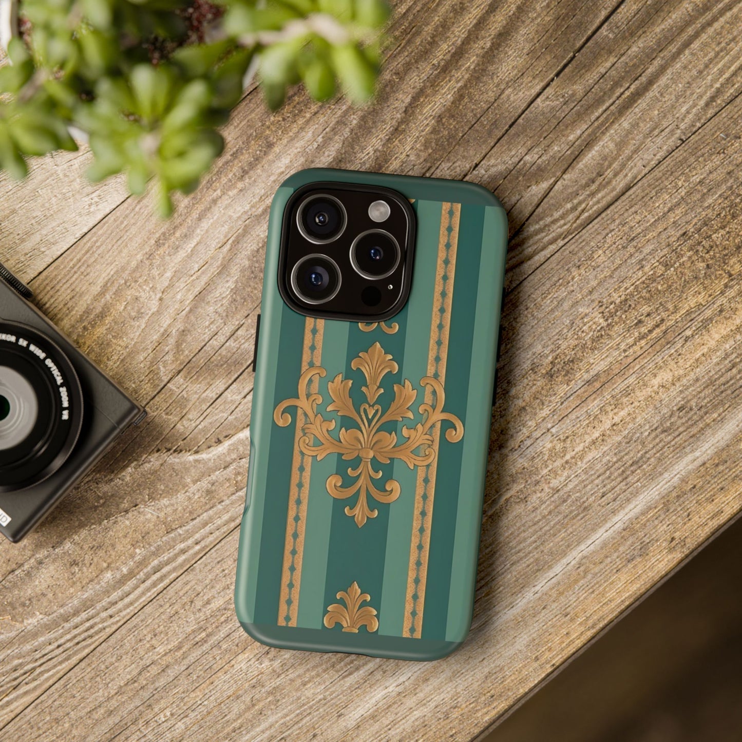 Elegant Floral Motif Phone Case - Tough Cases with Vintage Design - Teal Striped Gold Damask