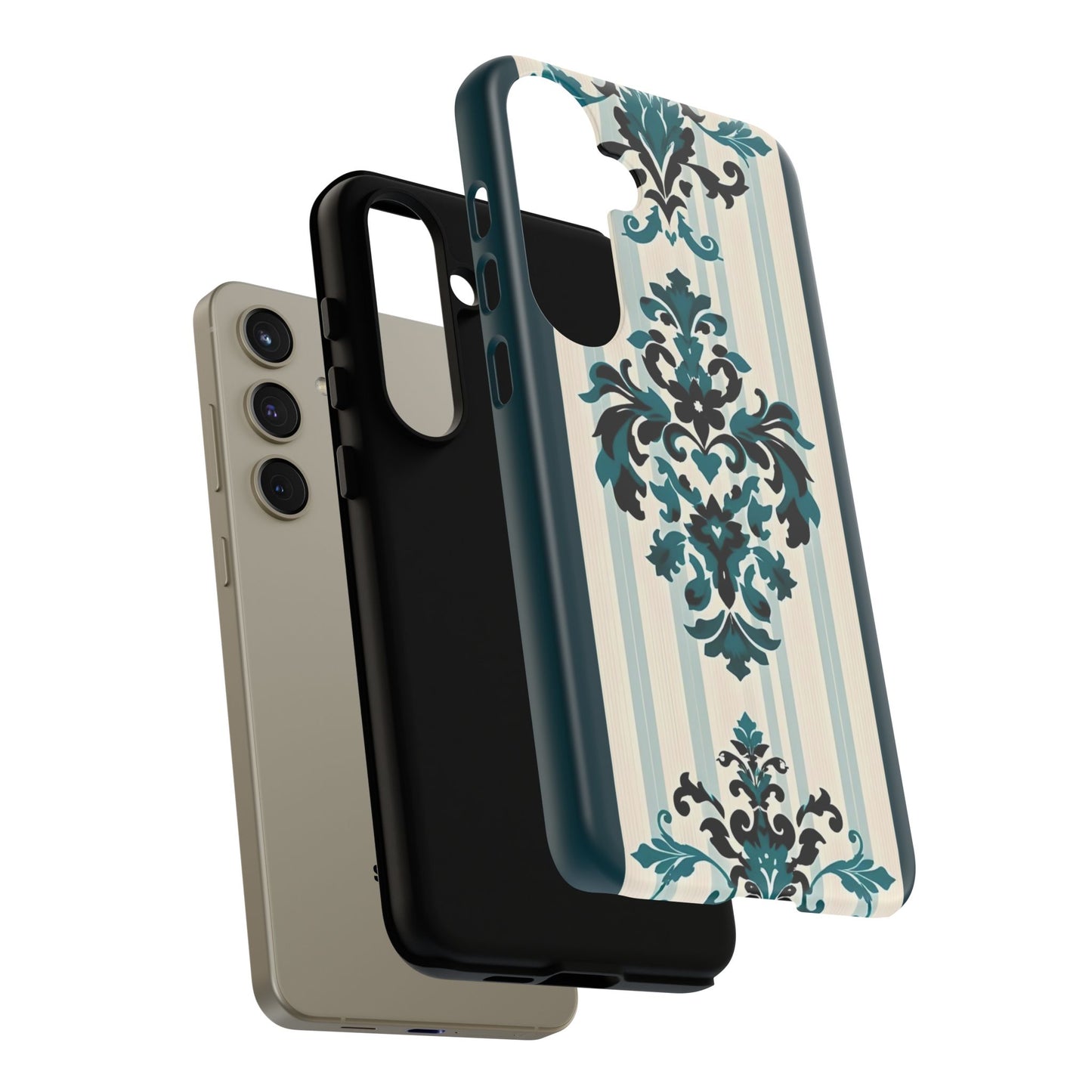 Elegant Floral Phone Case - Tough Cases with Vintage Design - Teal Striped Damask