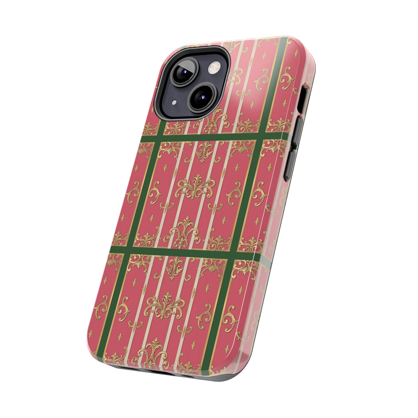 Elegant Green Border Pink Striped Baroque Phone Cases, Tough Phone Cases for Protection, Stylish Mobile Accessories, Gift for Her, Holiday Tech Gifts