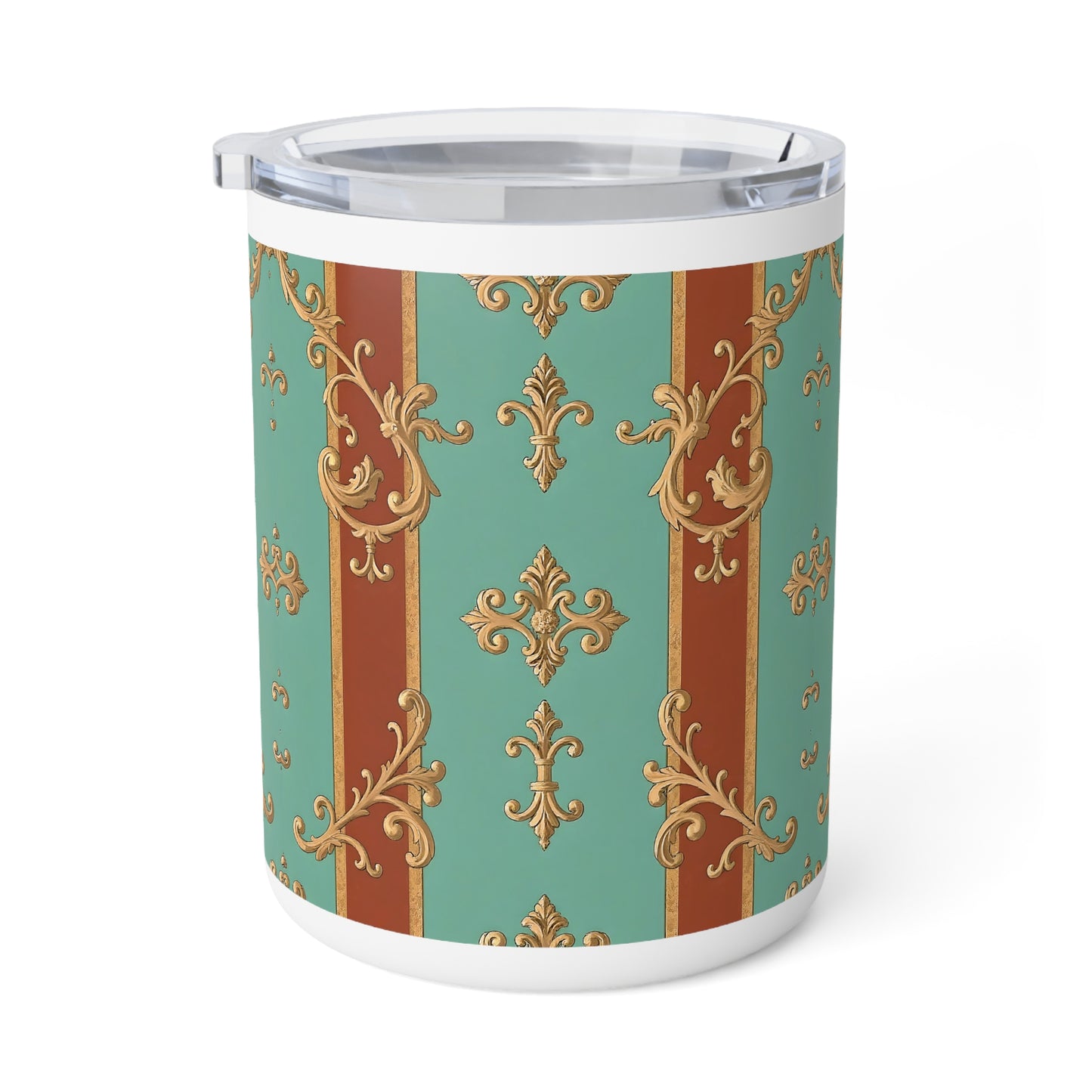 Elegant Vintage Insulated Coffee Mug - 10oz Ornate Design - Rust & Mint Aqua Striped Baroque