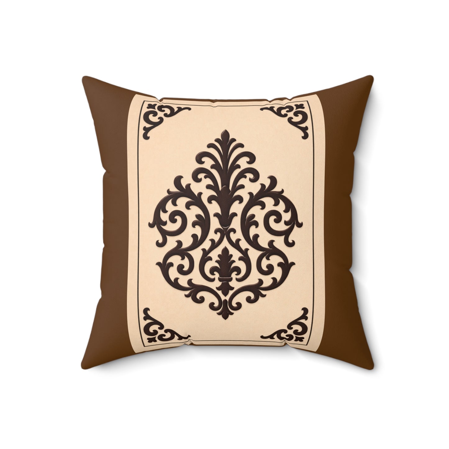 Almond-Beige & Brown Baroque Suede Pillow — Brown Ornate Square Throw Pillow