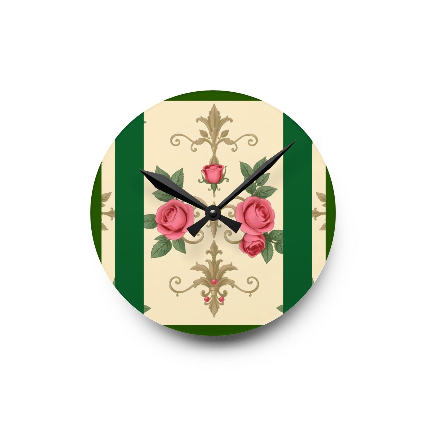 Bohemian Damask-Inspired Acrylic Wall Clock with Floral Design - Green Border Roses & Damask