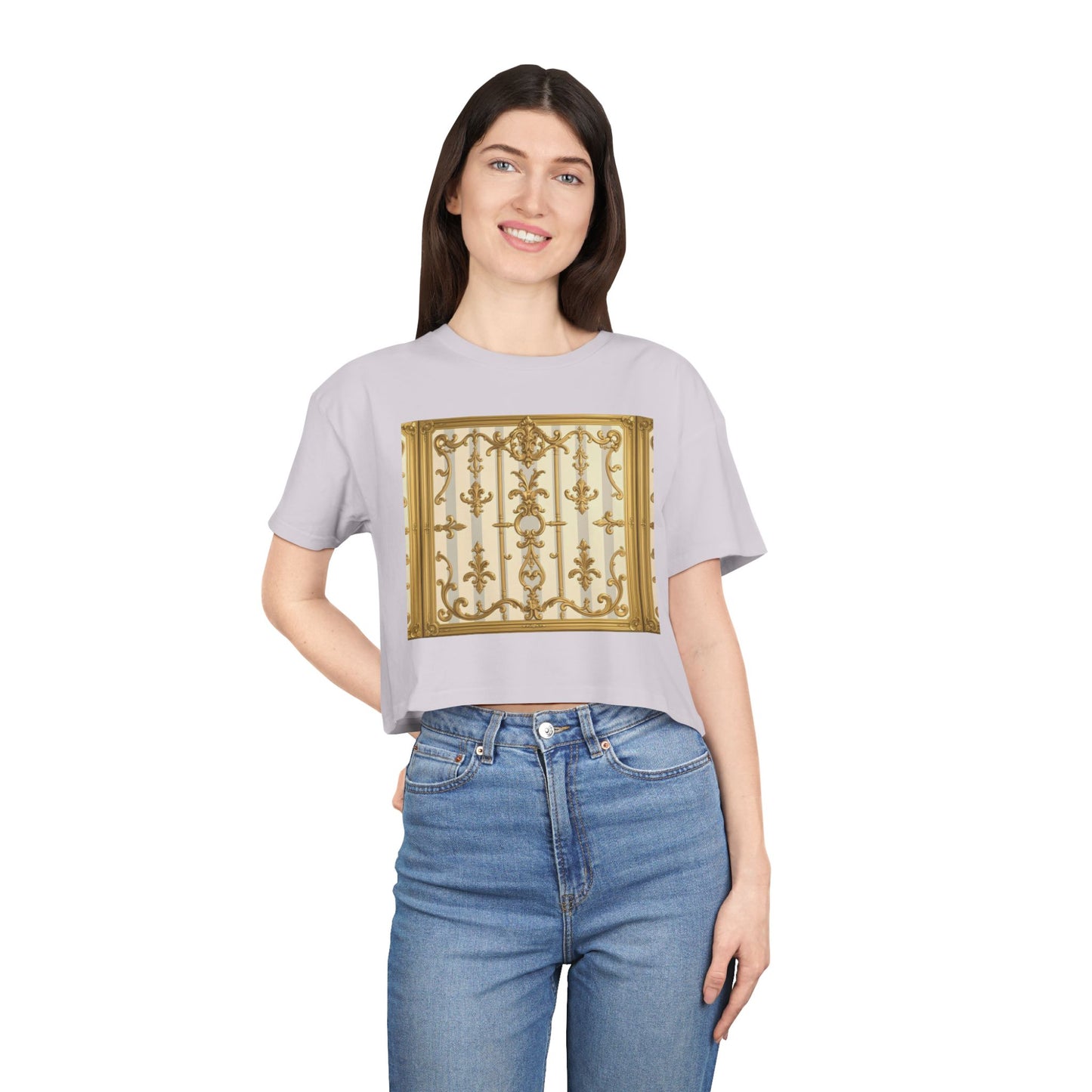 Elegant Vintage Women's Crop Tee, Stylish Oversized Top, Casual Summer Shirt, Trendy Women's Apparel - Matte Gray & Cream Striped Gold Baroque