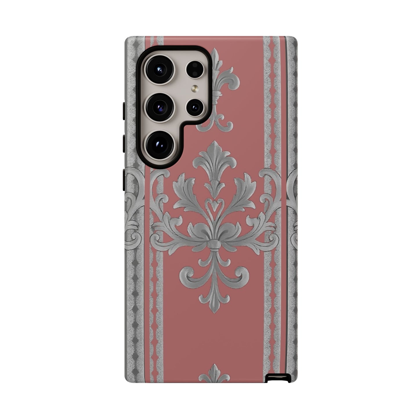 Elegant Floral Phone Case - Tough Cases for Stylish Protection - Gray & Mauve Striped Baroque