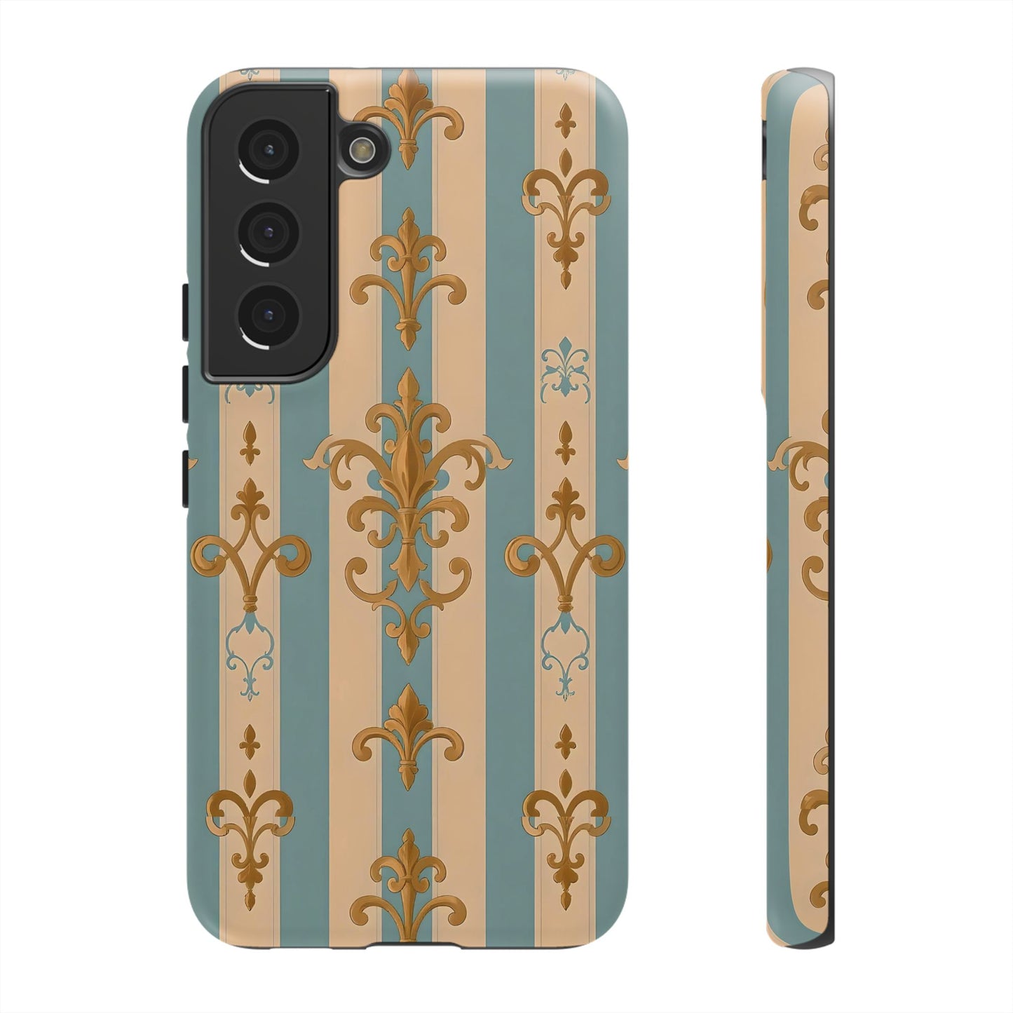 Elegant Floral Motif Phone Case - Tough Cases with Vintage Design -  Beige & Sky Blue Striped Gold Damask