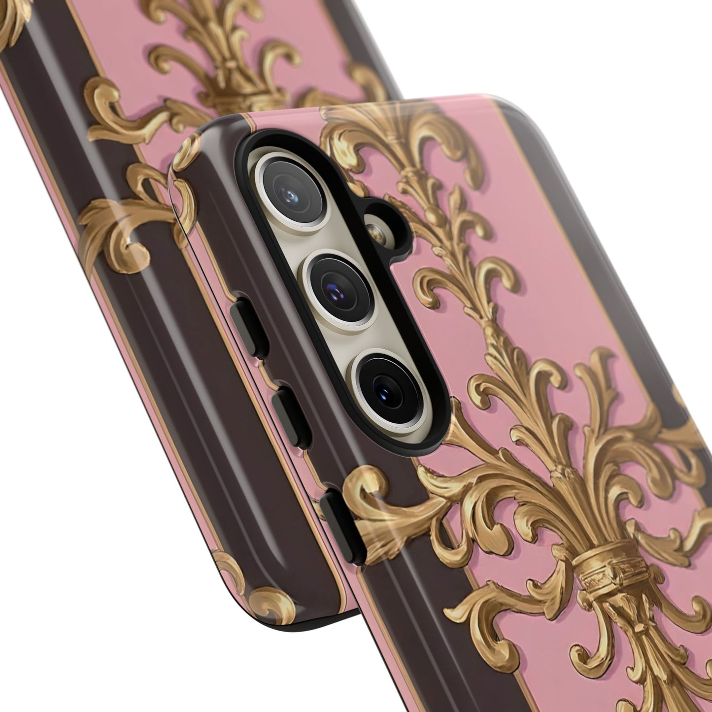Elegant Floral Motif Phone Case - Tough Cases with Vintage Design - Pink & Brown Striped Gold Damask