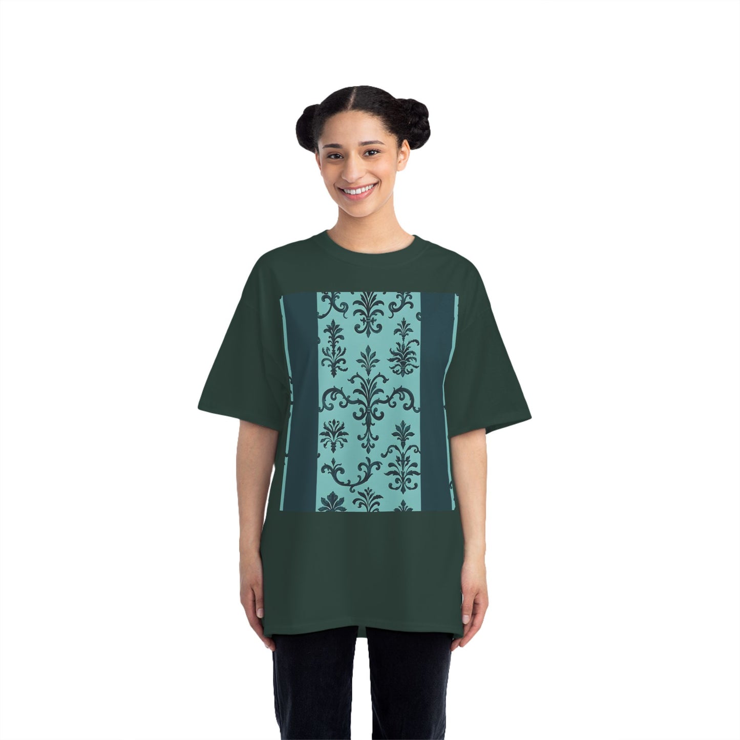 Elegant Floral T-Shirt - Vintage Design, Casual Wear, Gift for Her, Summer Fashion, Stylish Tee - Teal Striped Rococo