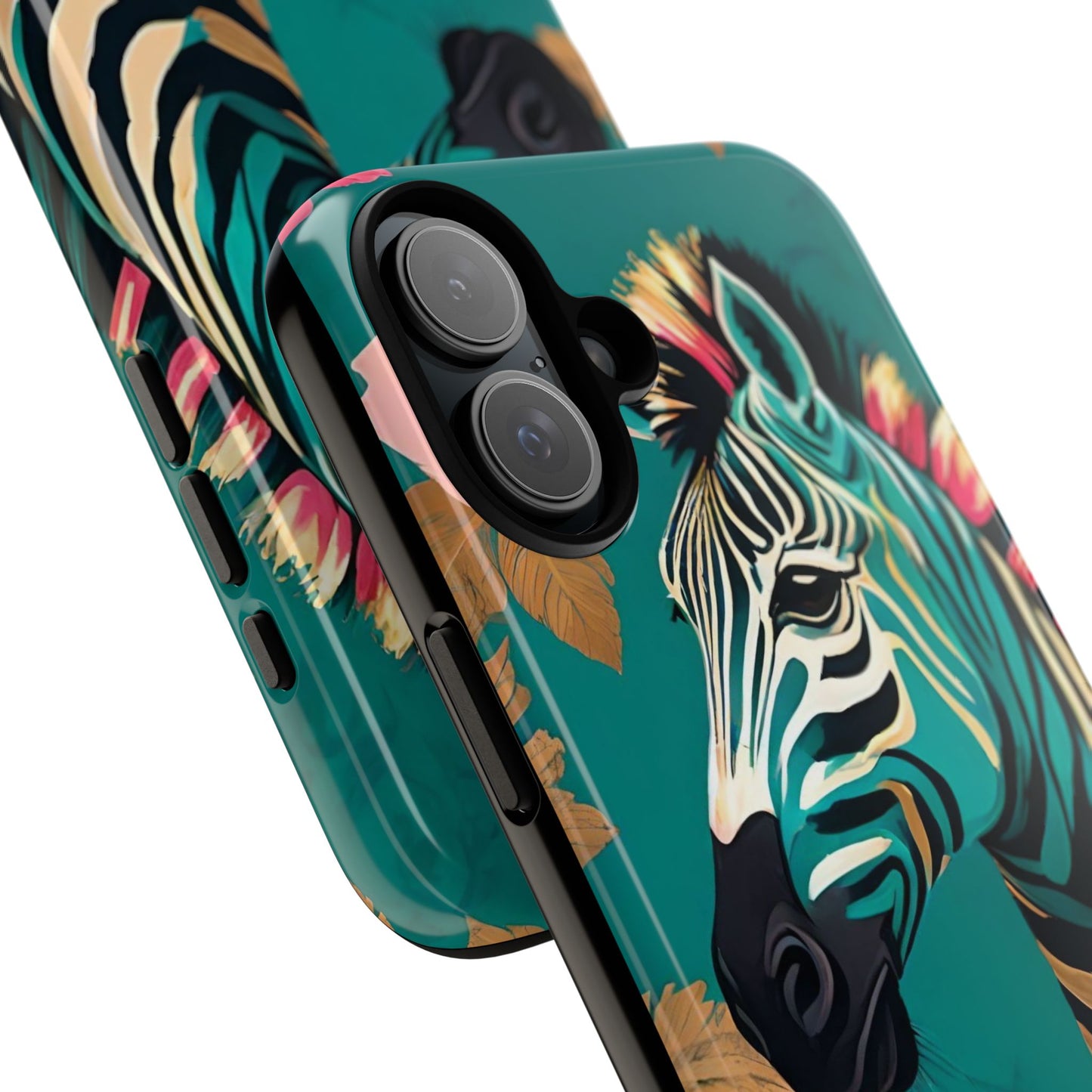 Phone Case - Elegant Teal & Gold Zebra & Roses Design