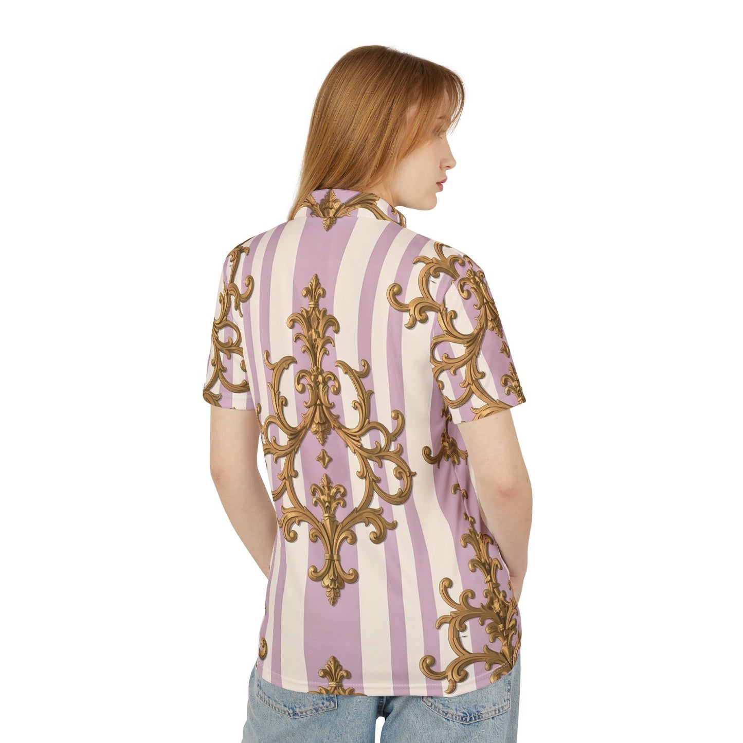 Elegant Vintage-Style Unisex Polo Shirt, Casual Outfit, Summer Wear, Gift for Her or Him, Retro Fashion - Lilac & Alabaster Striped Gold Baroque