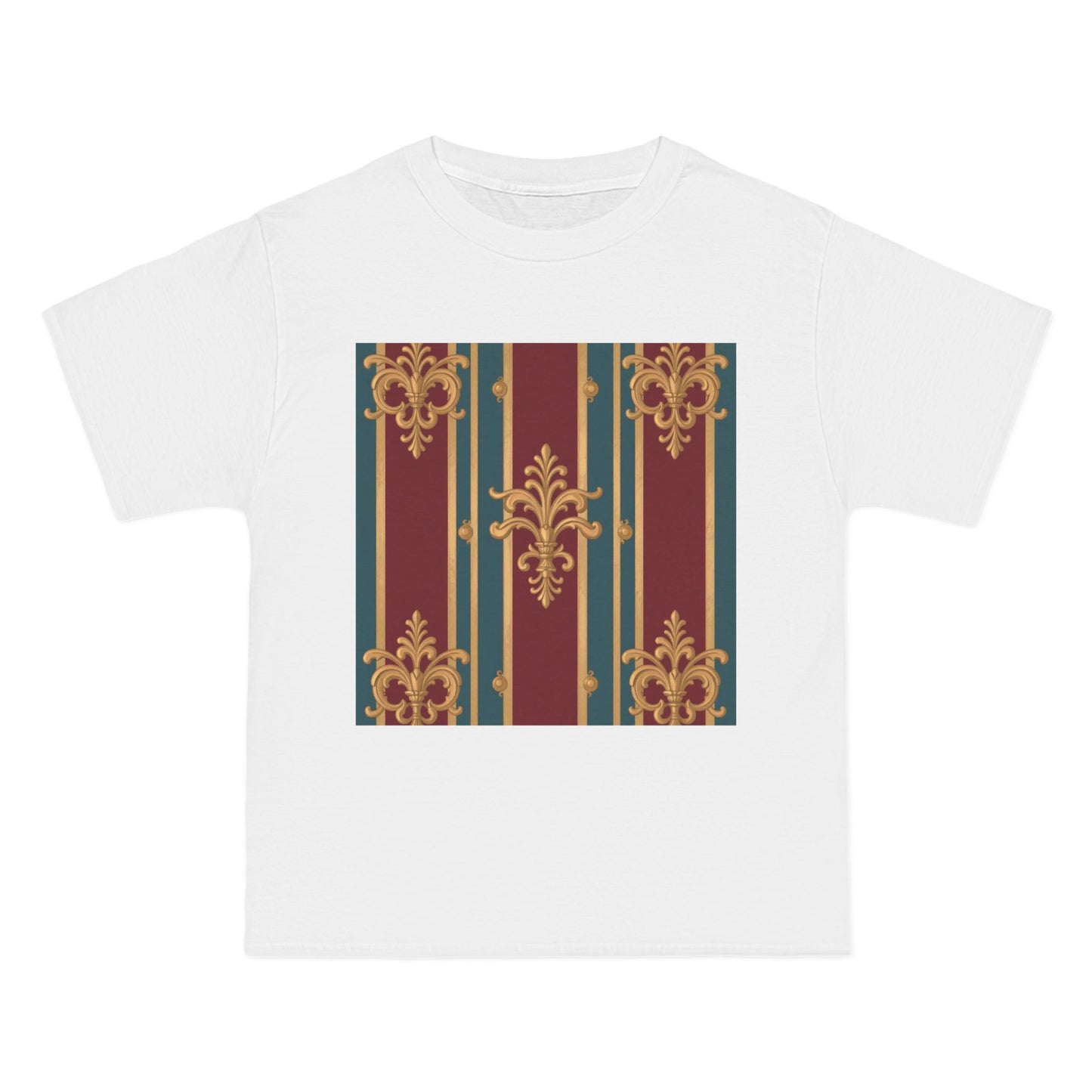 Elegant Vintage Patterned Beefy-T® Short-Sleeve T-Shirt | Casual Wear, Summer Tops, Unique Gift - Burgundy Striped Gold Baroque