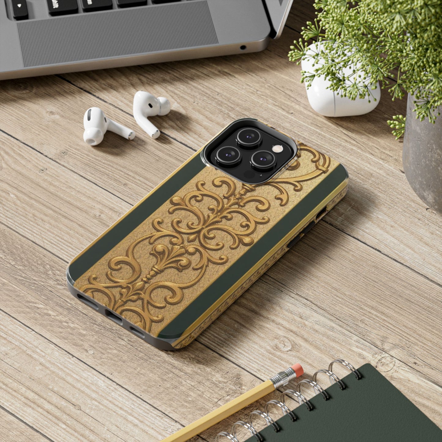 Elegant Teal Striped Gold Baroque Vintage Phone Case, Durable Cell Phone Cover, Floral Phone Protection, Personalized Gift Idea