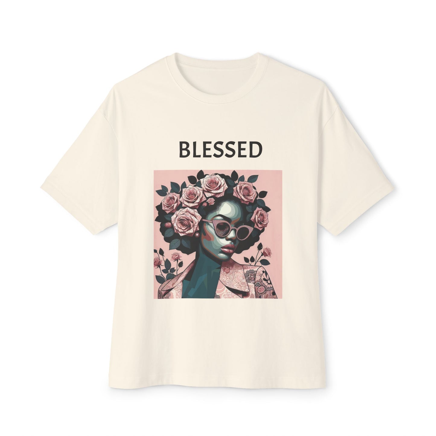 Blessed Floral Oversized Tee | Unisex Fashion, Trendy Streetwear, Gift Idea, Spiritual Apparel, Chill Vibe Shirt - Black Lettering
