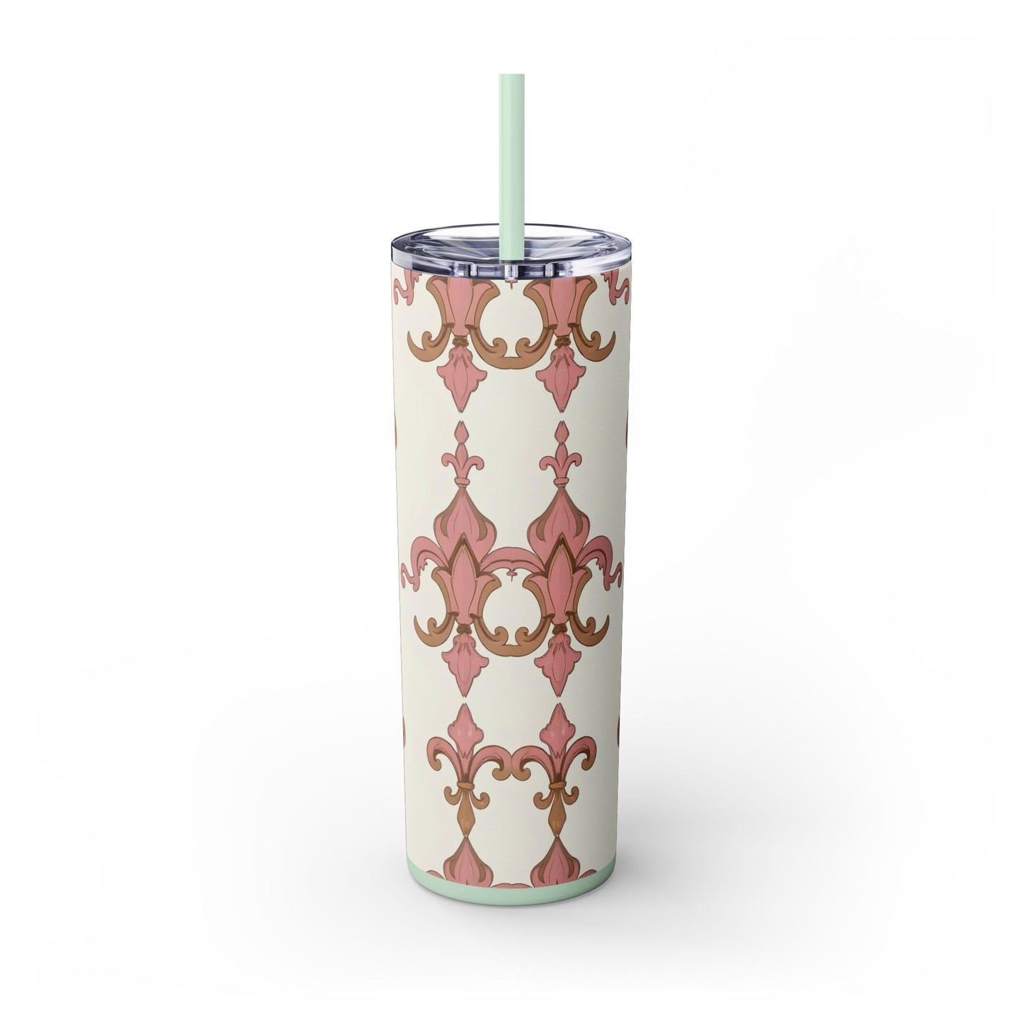 Elegant Floral Skinny Tumbler, 20oz Drinkware, Stylish Travel Mug, Wedding Gift, Personalized Gift, Eco-Friendly Cup - Brown Striped Pink Arabesque
