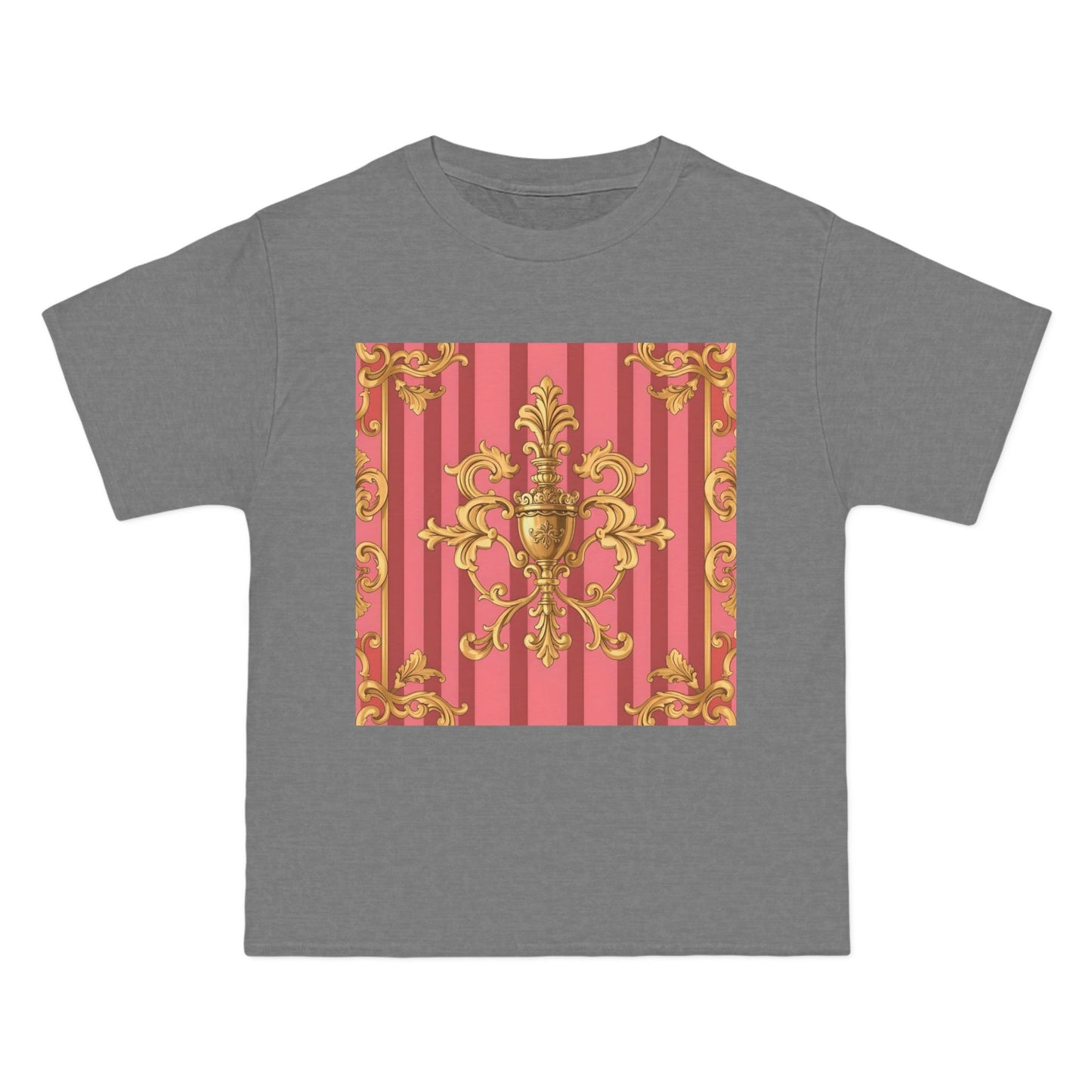 Chic Vintage Style Short-Sleeve T-Shirt - Elegant Baroque Design | Fashion Top, Gift for Her, Casual Wear - Pink Striped Gold Baroque