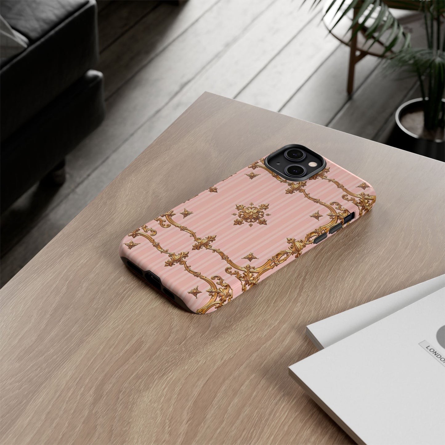 Elegant Floral Phone Case, Tough Cases for Women, Trendy Phone Cover, Chic Gift - Pink Striped Gold Baroque