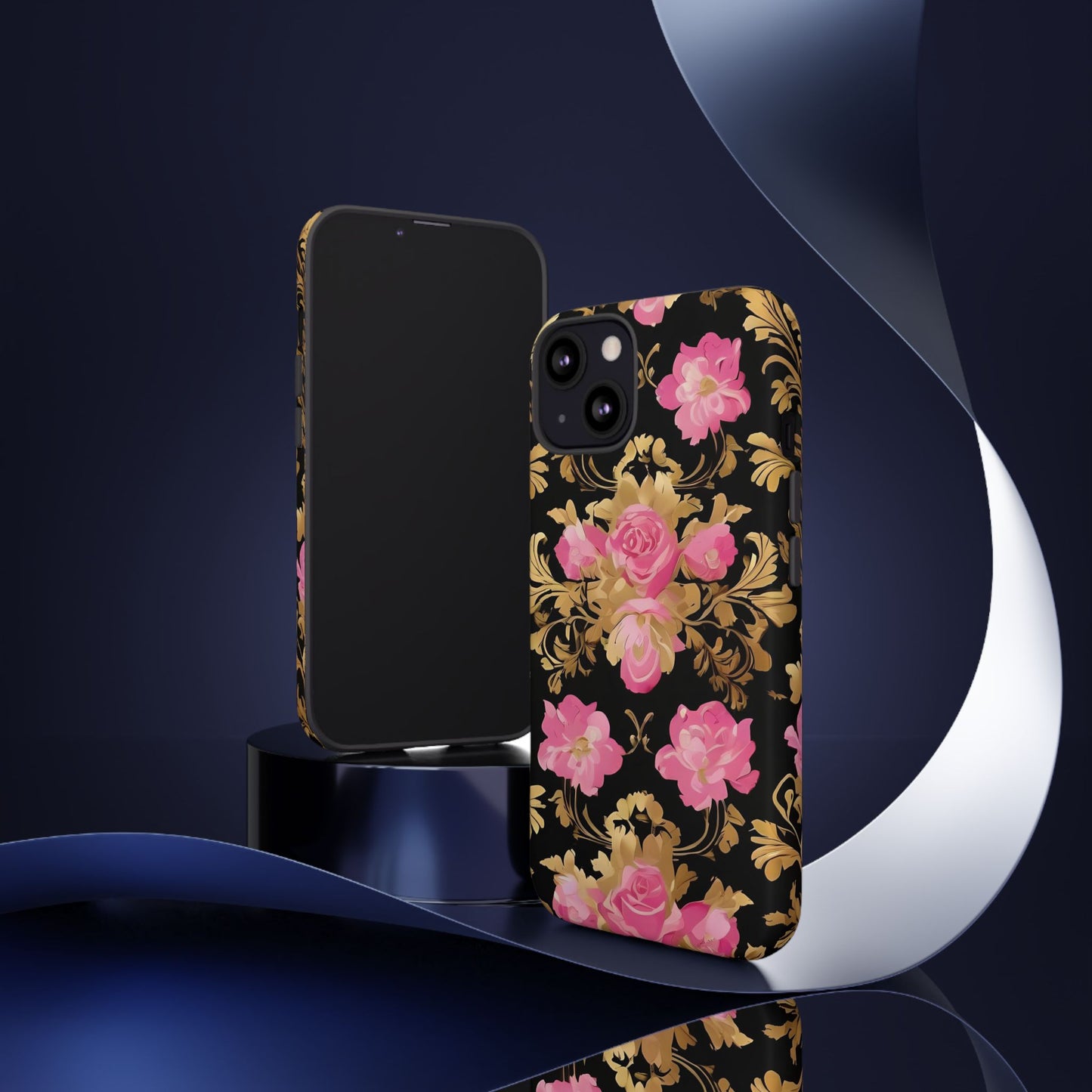 Elegant Floral Motif Phone Case - Tough Cases with Vintage Design - Pink & Gold Roses