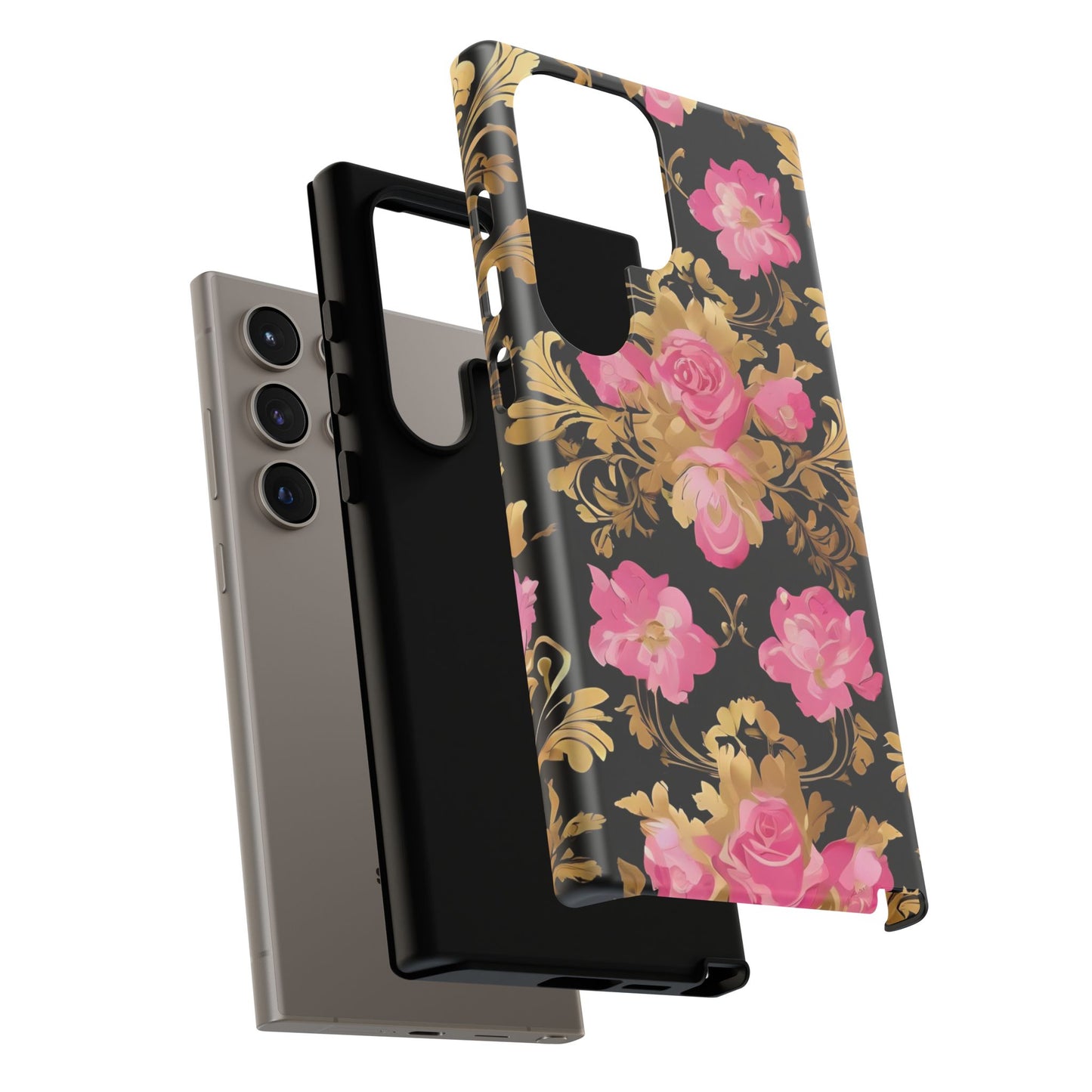 Elegant Floral Motif Phone Case - Tough Cases with Vintage Design - Pink & Gold Roses