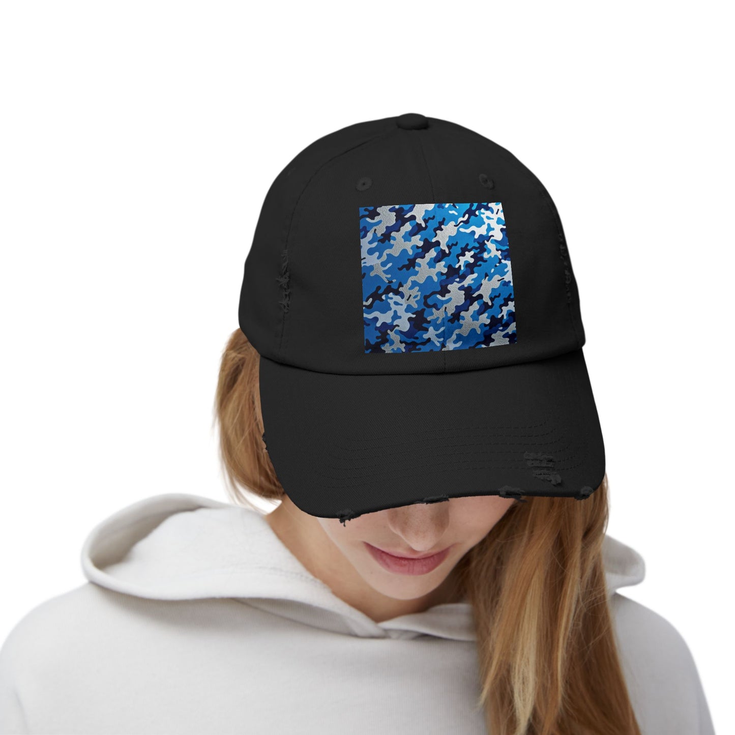 Stylish Unisex Distressed Cap, Casual Summer Hat, Trendy Gift for Him/Her, Comfortable Everyday Accessory - Blue Camo