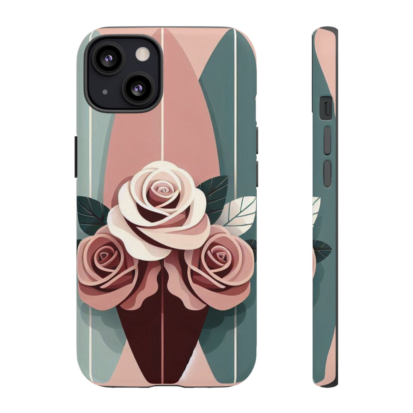Phone Case - Burgundy, Matte Mauve & Teal Surfboard & Roses Design