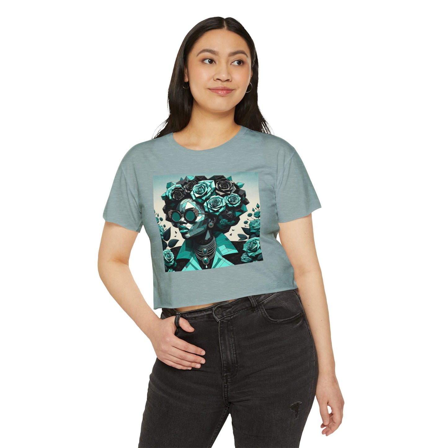 Women's Festival Crop Top with Artistic Floral Design, Boho Clothing, Trendy Summer Style, Perfect for Music Festivals - Turquoise & Black Roses Lady