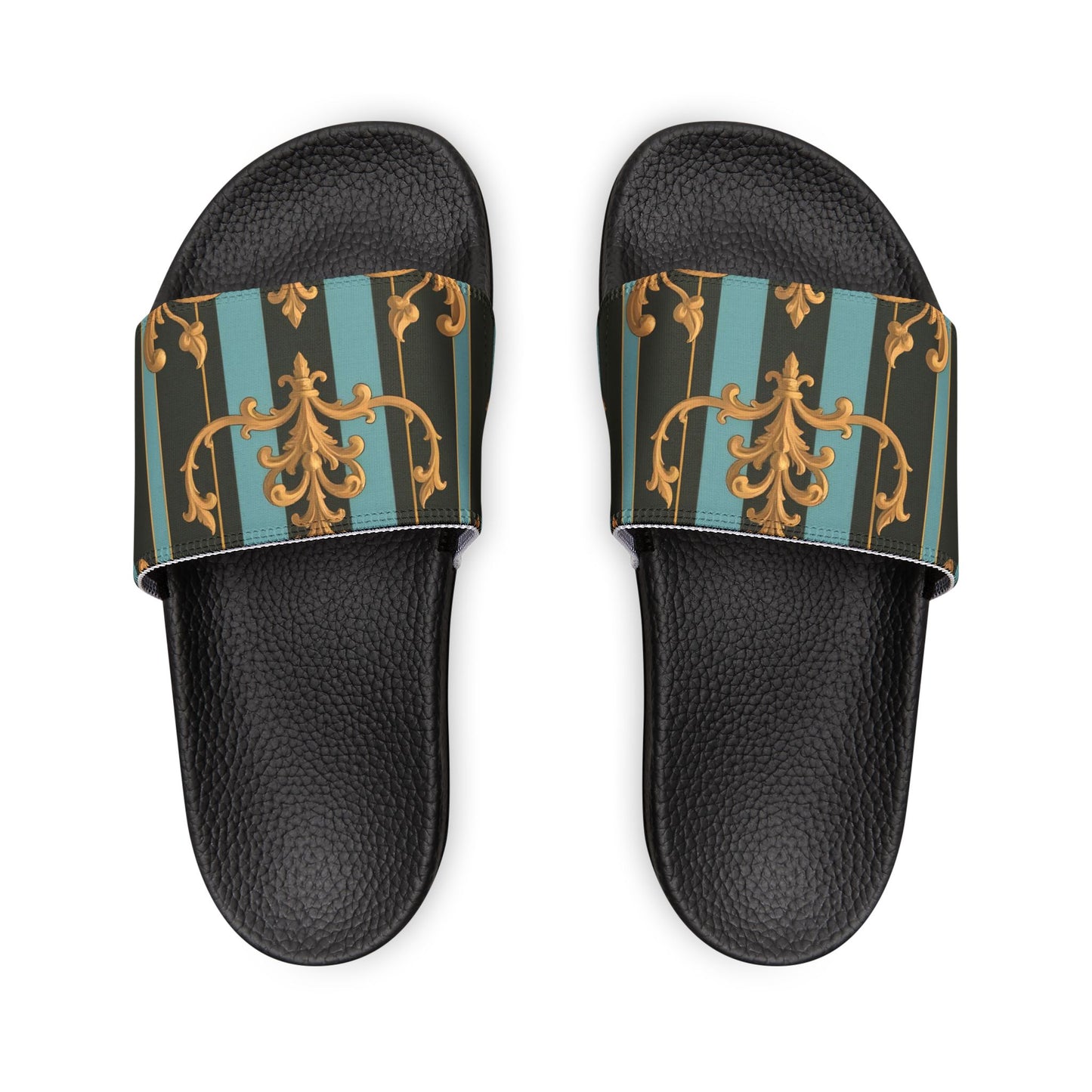 Chic Women's Removable-Strap Sandals - Stylish Summer Footwear, Poolside Essential, Vacation Must-Have - Black & Turquoise Striped Baroque