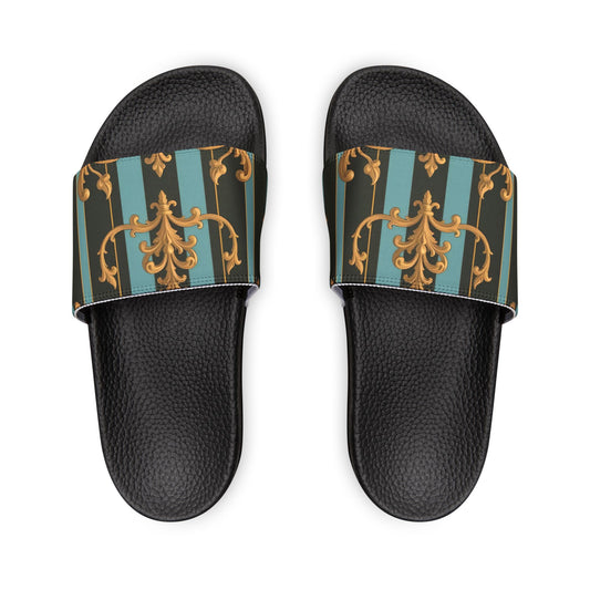 Chic Women's Removable-Strap Sandals - Stylish Summer Footwear, Poolside Essential, Vacation Must-Have - Black & Turquoise Striped Baroque