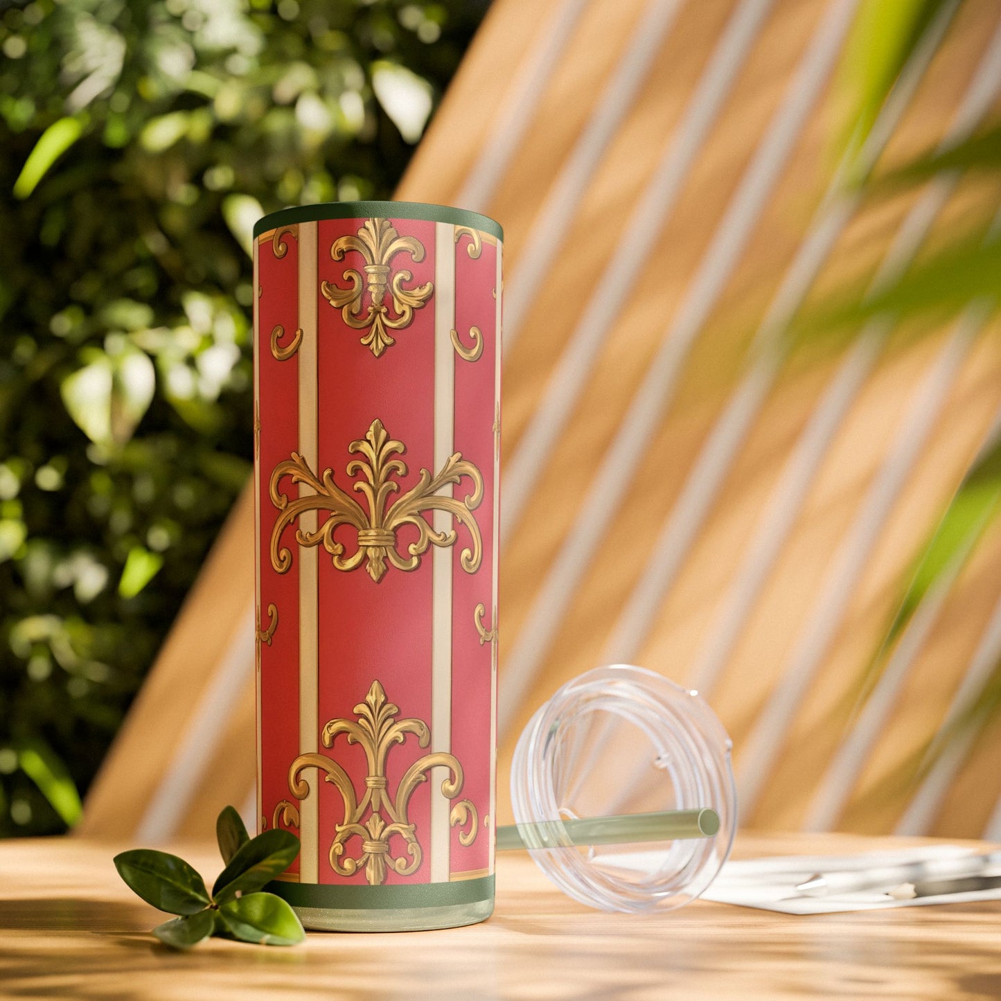 Elegant Green Border Pink Striped Baroque Skinny Tumbler with Straw, Reusable Travel Mug, Gift for Her, Fashionable Drinkware