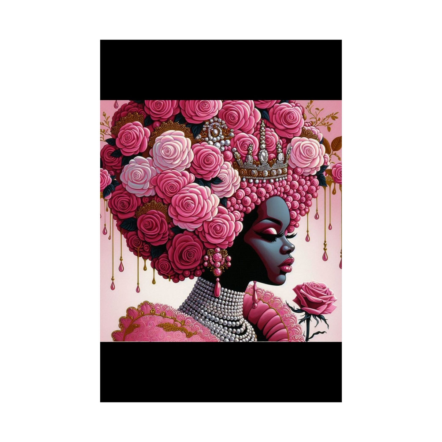 Floral Afro Art Poster - Elegant Matte Vertical Wall Decor - Pink Lady With Roses