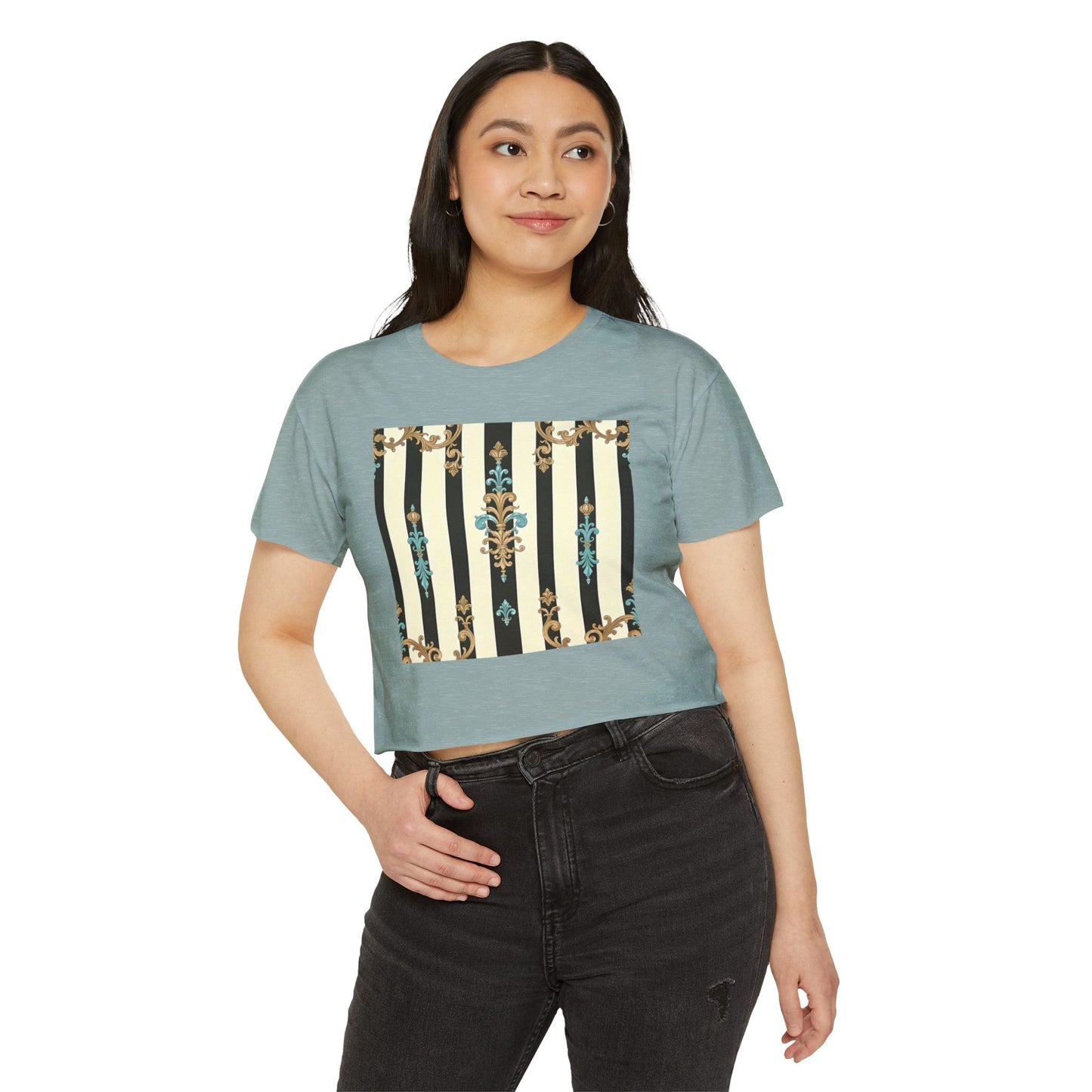 Bohemian Festival Crop Top, Stylish Summer Tee, Casual Day Out Shirt, Trendy Women’s Apparel - Black Striped Turquoise & Black Rococo