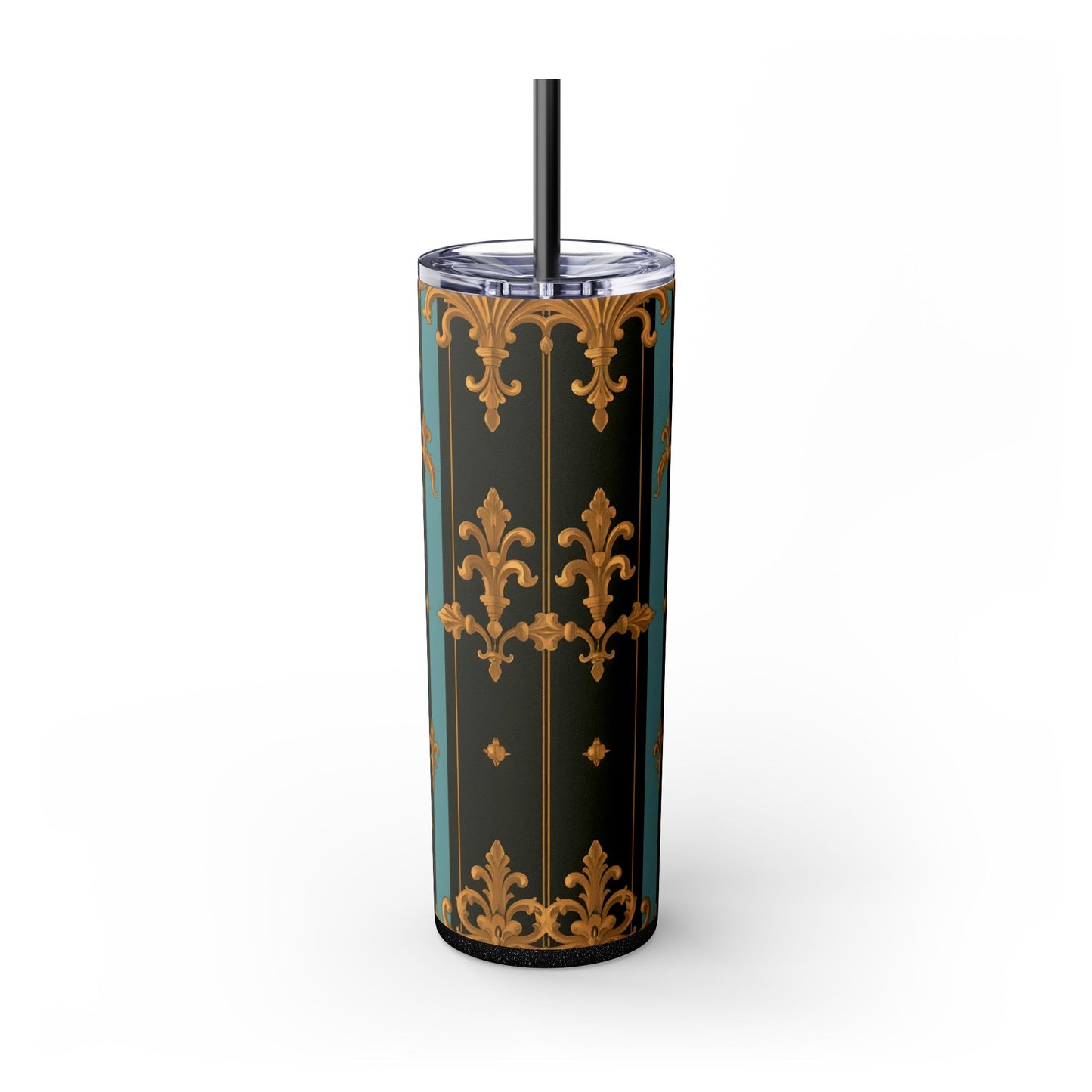 Elegant Vintage Skinny Tumbler with Straw, 20oz | Gold Floral Pattern, Reusable Drinkware, Perfect for Home - Black & Turquoise Striped Baroque