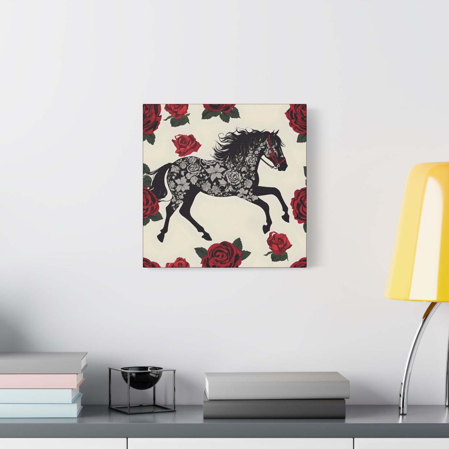 Art Print Canvas, Wall Decor, Satin Stretched Canvas, Equestrian Art, Office Decor, Home Decor - Horse & Roses