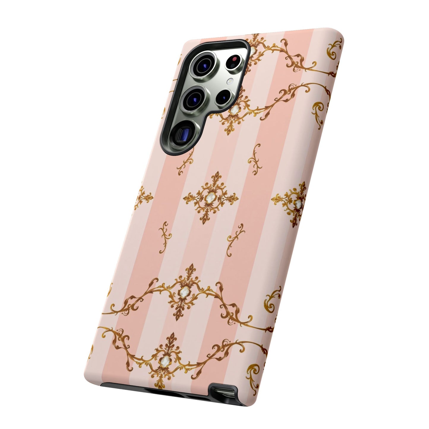 Elegant Floral Phone Case, Tough Cases for Women, Trendy Phone Cover, Chic Gift - Pink Jeweled Striped Gold Baroque