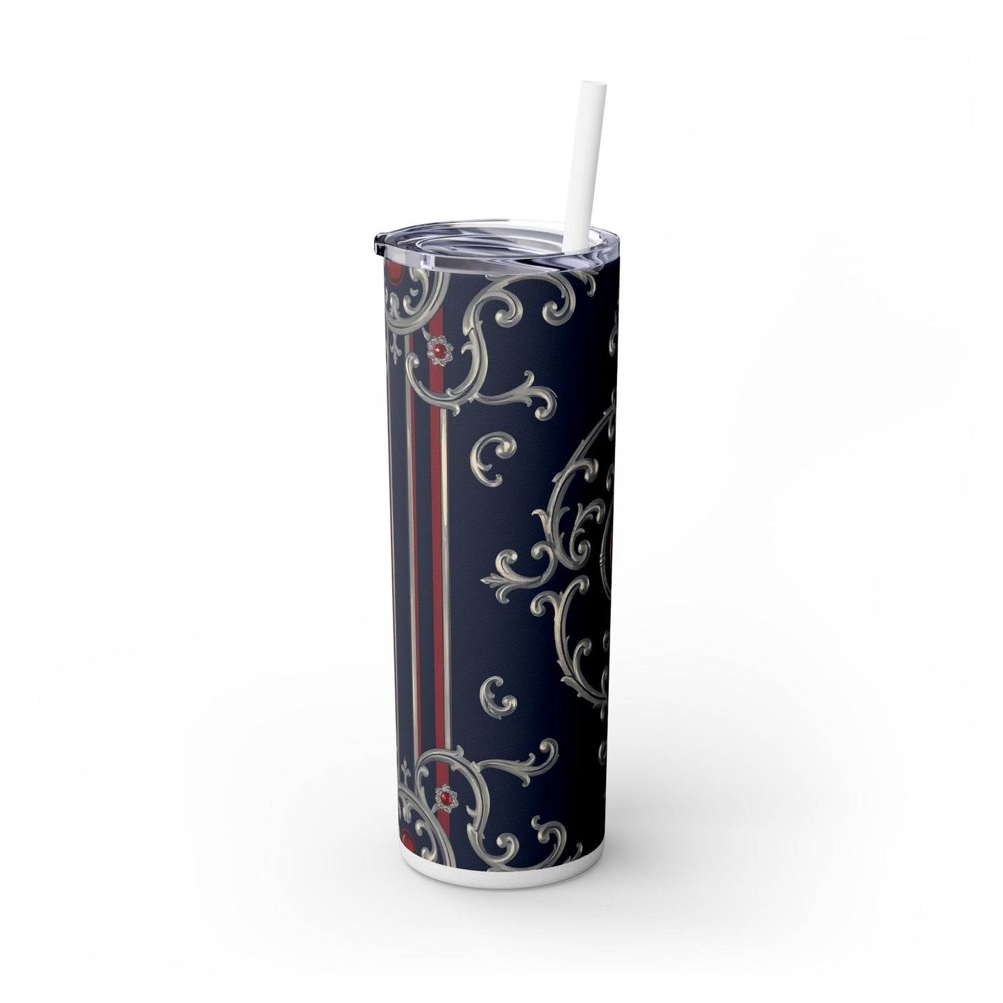 Elegant Patterned Skinny Tumbler with Straw, 20oz - Stylish Travel Mug, Personalized Gift, Wedding Favor - Blue & Red Striped Silver Baroque