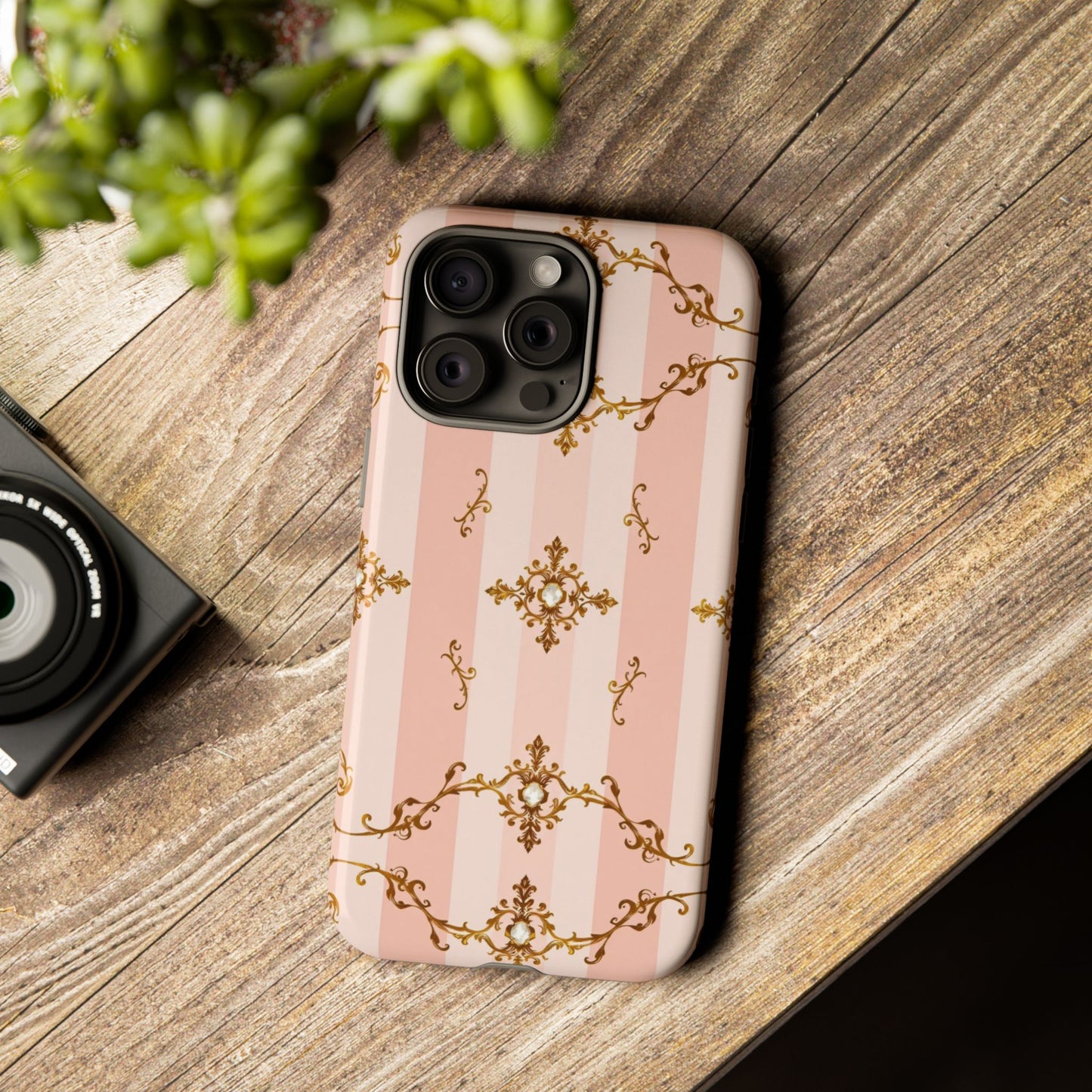 Elegant Floral Phone Case, Tough Cases for Women, Trendy Phone Cover, Chic Gift - Pink Jeweled Striped Gold Baroque