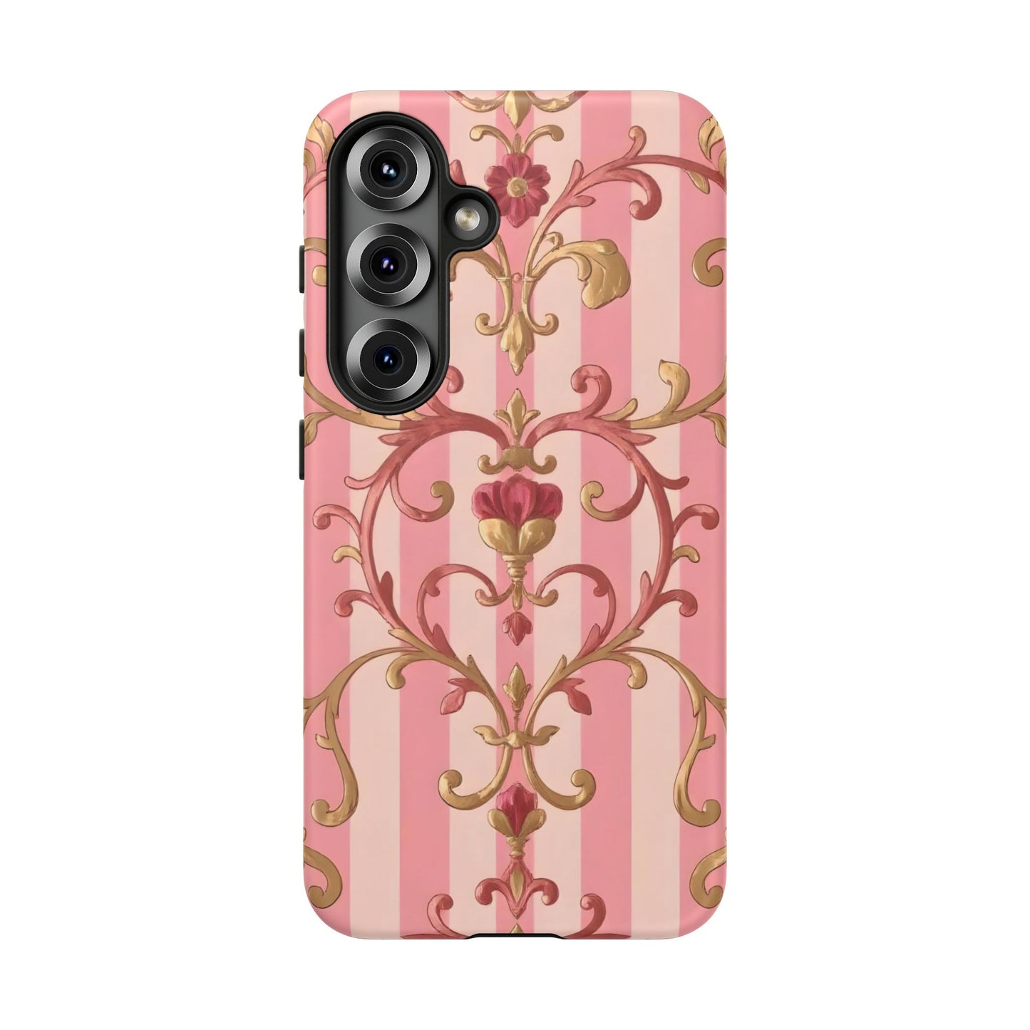 Elegant Floral Motif Phone Case - Tough Cases with Vintage Design - Pink Striped Rose Gold Damask