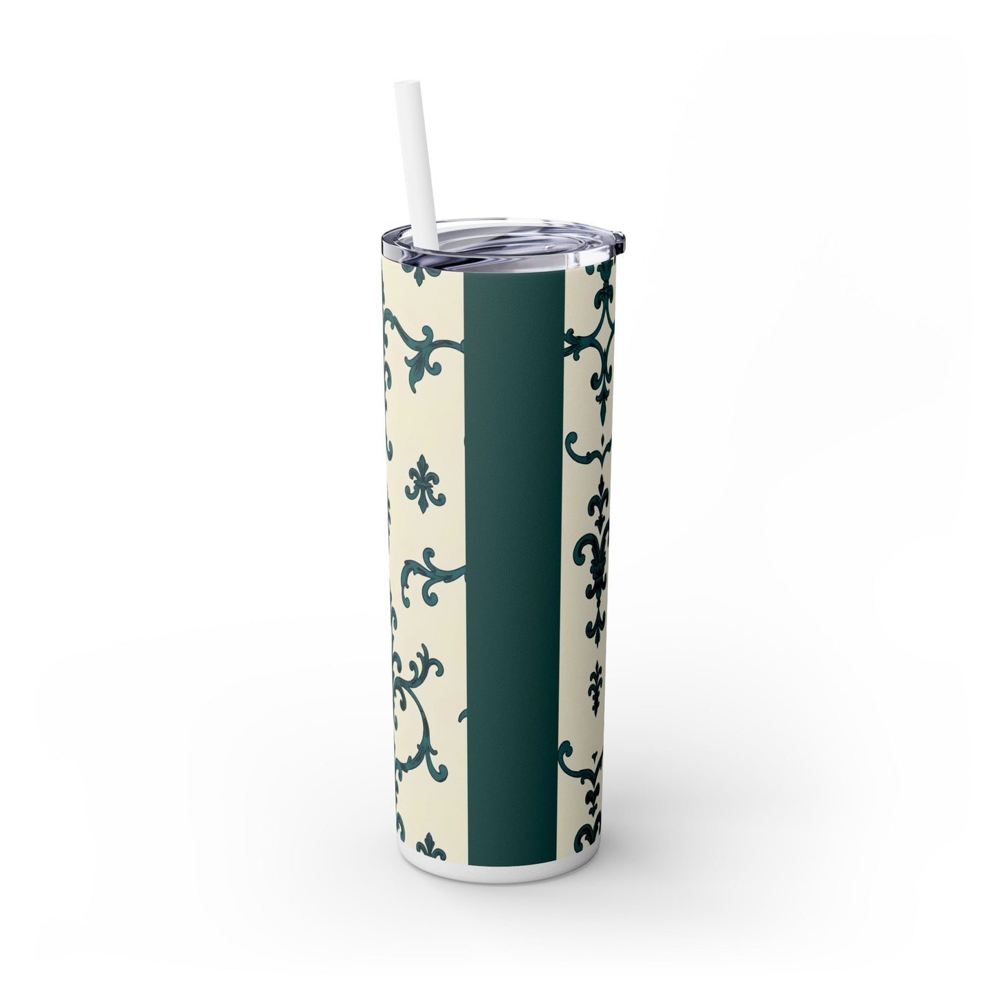 Elegant Floral Skinny Tumbler, 20oz - Stylish Travel Mug for Home, Coffee Lover Gift, Eco-Friendly Drinkware, Party Favor - Teal Striped Rococo